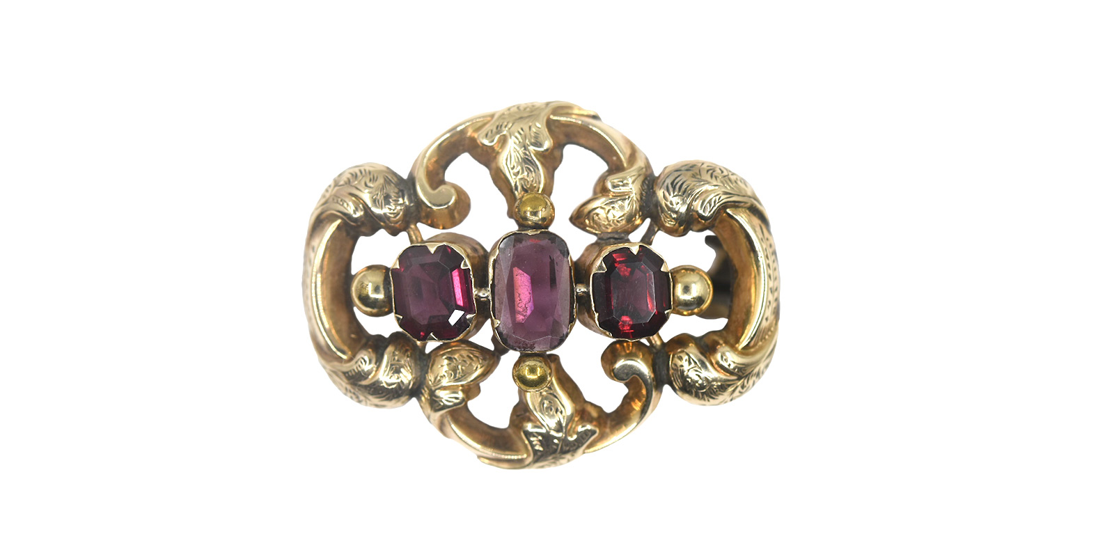 Mid Victorian florid 9ct gold brooch with pomegranate hue almandine ...