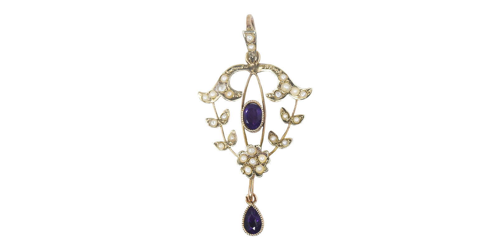 Edwardian 9ct gold seed pearl and amethyst Art Nouveau pendant ...