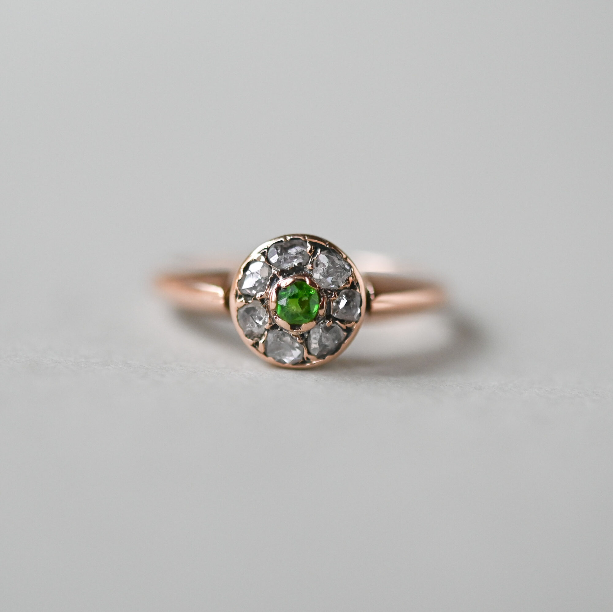 Antique Late Victorian 15ct gold rose cut diamond and demantoid garnet cluster ring, c.1900