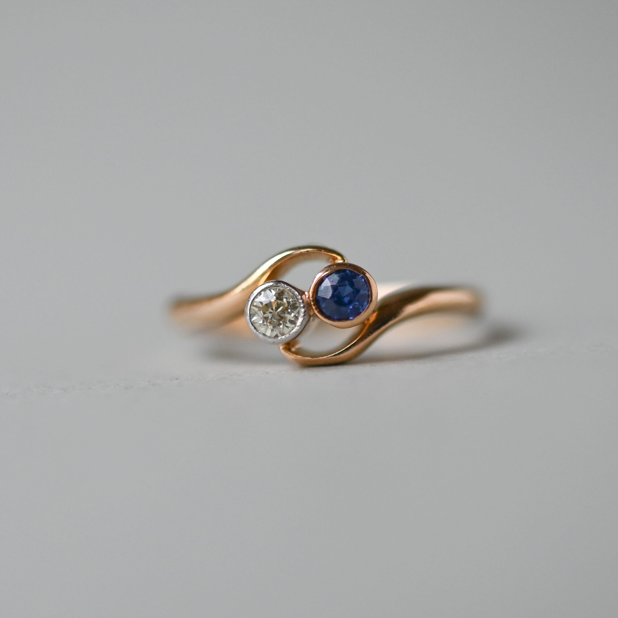 Art Deco 18ct gold sapphire and diamond toi et moi ring, 1930s