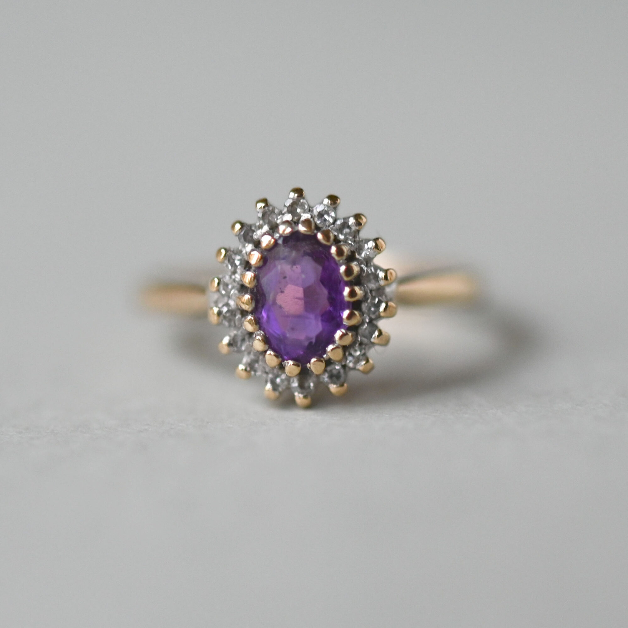 Classic 9ct gold amethyst and diamond cluster ring