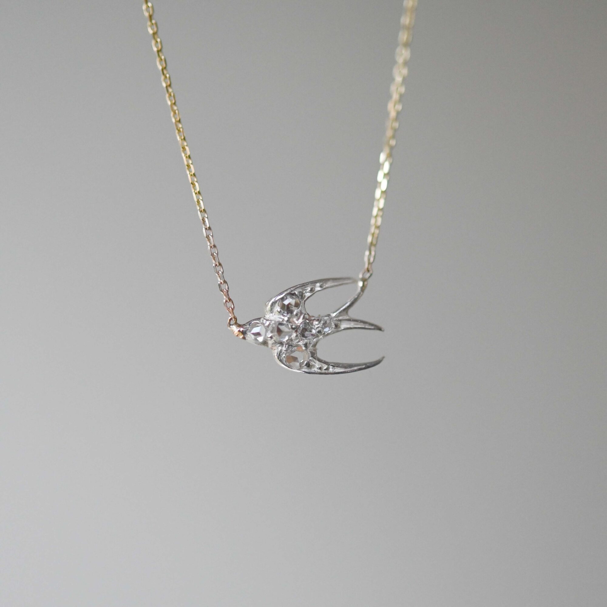 Dainty Victorian rose cut diamond swallow 9ct gold necklace