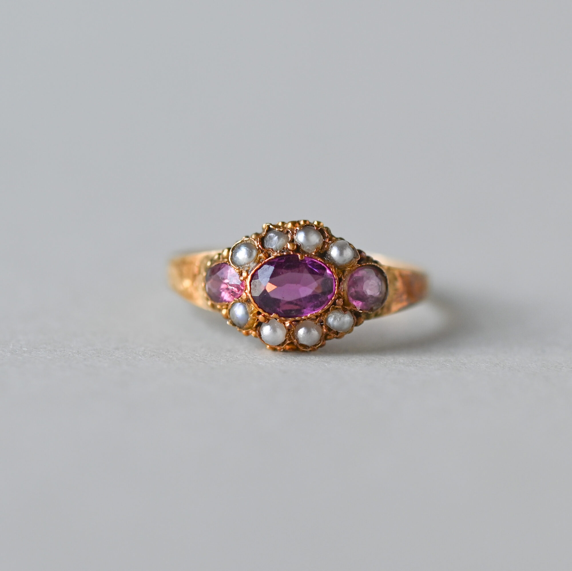 Victorian 15ct gold seed pearl and garnet cluster ring, 1870