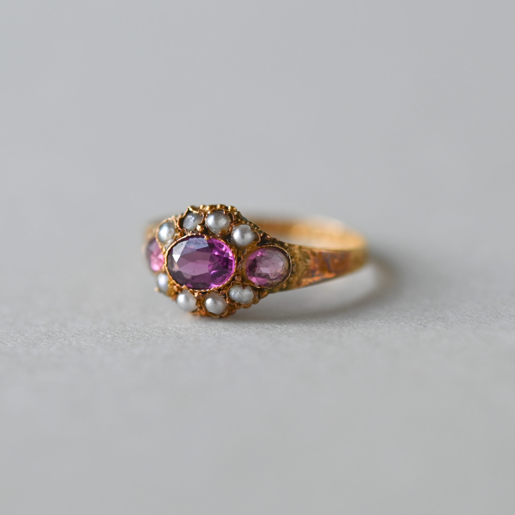 Victorian 15ct gold seed pearl and garnet cluster ring, 1870 - Image 2