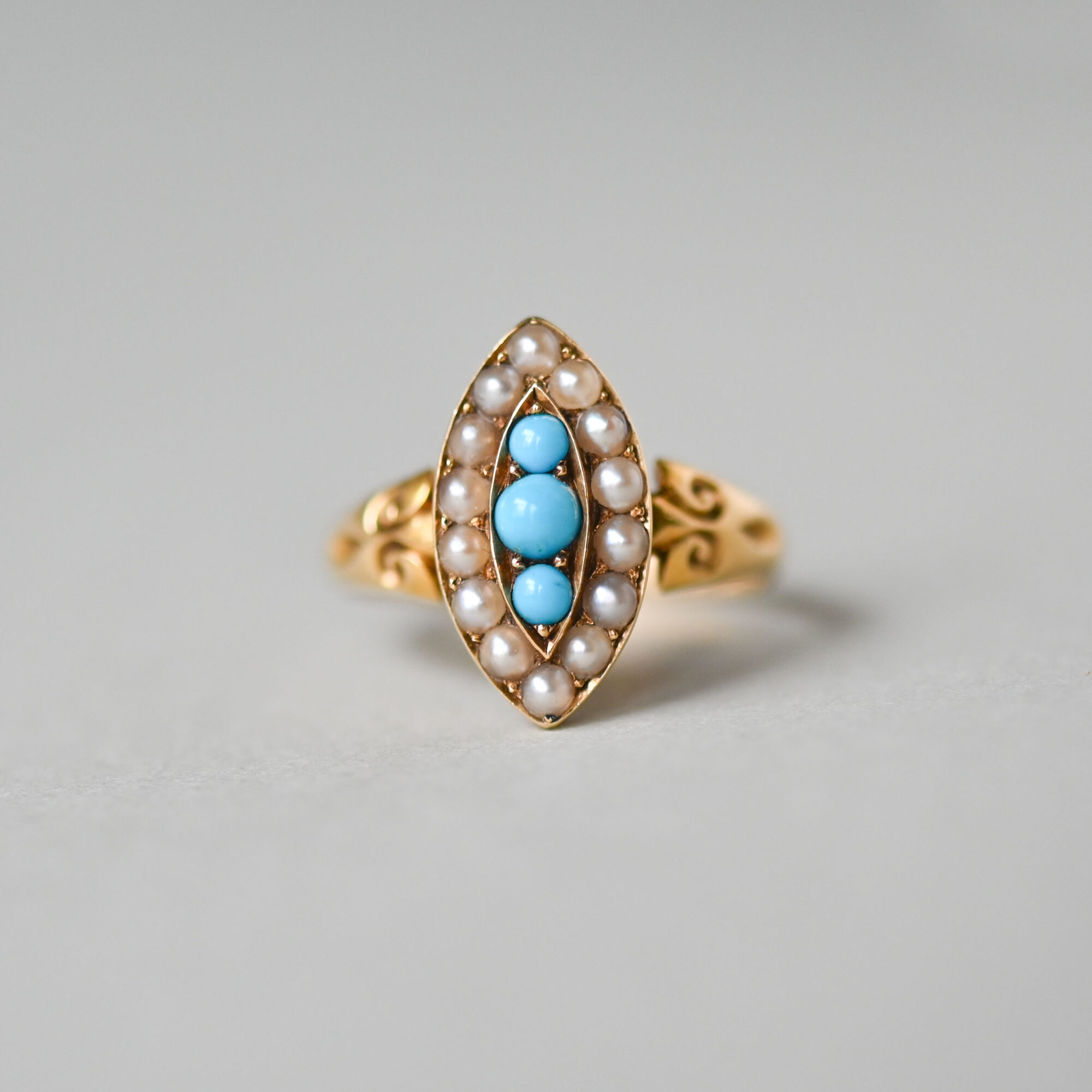 Antique Victorian 18ct gold pearl and turquoise ring, c.1890s