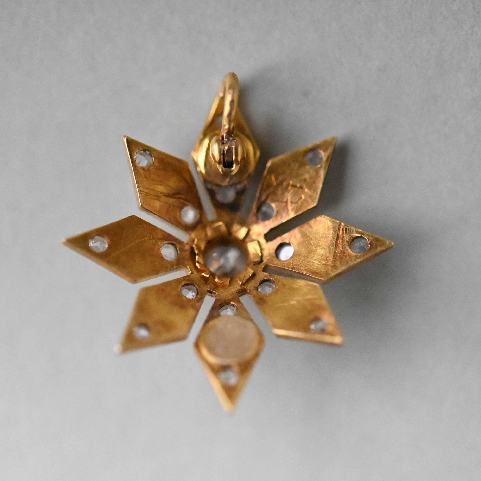 Aesthetic Victorian 18ct gold pearl and old cut diamond starburst pendant c.1860s - Image 4