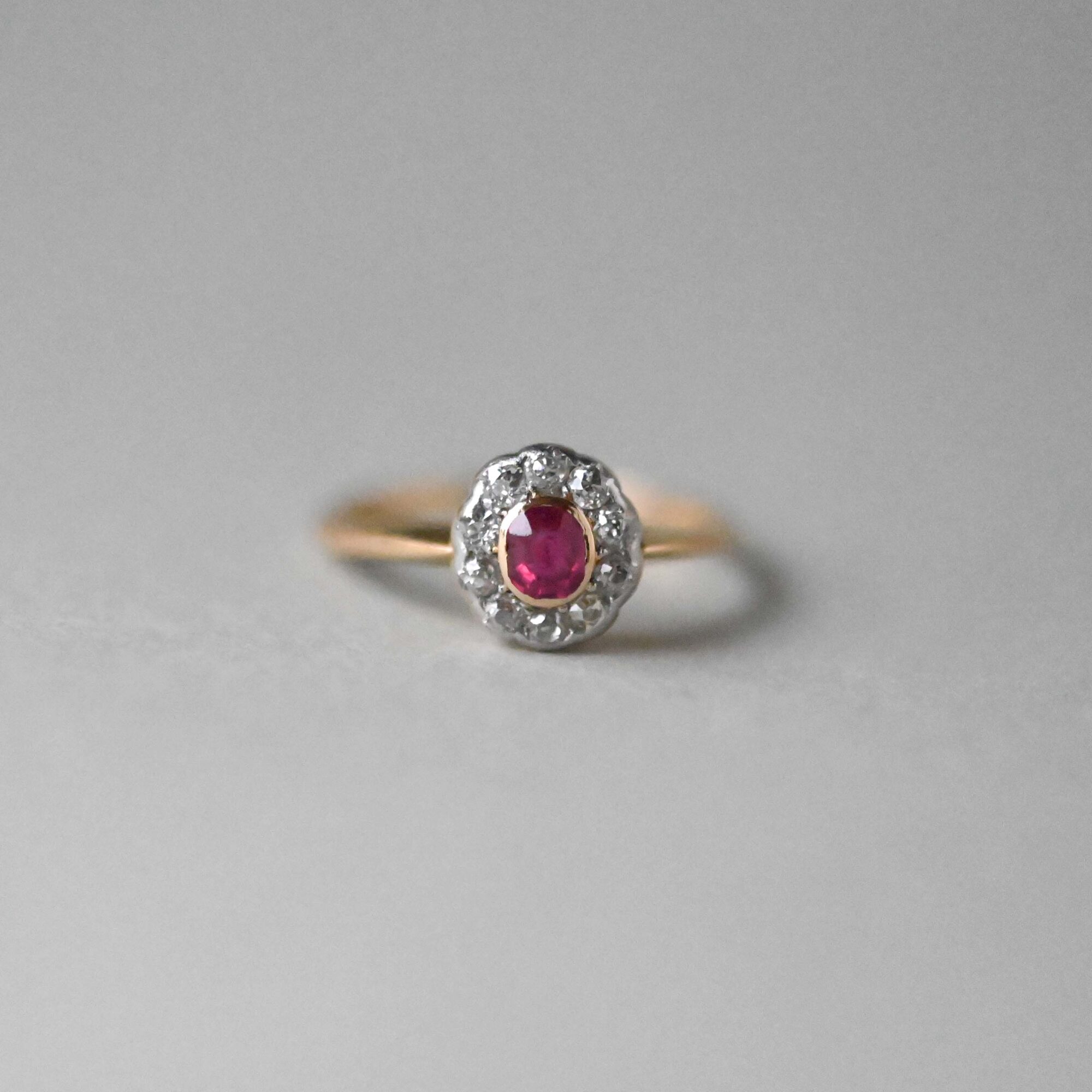 Art Deco 18ct ruby old cut diamond cluster ring