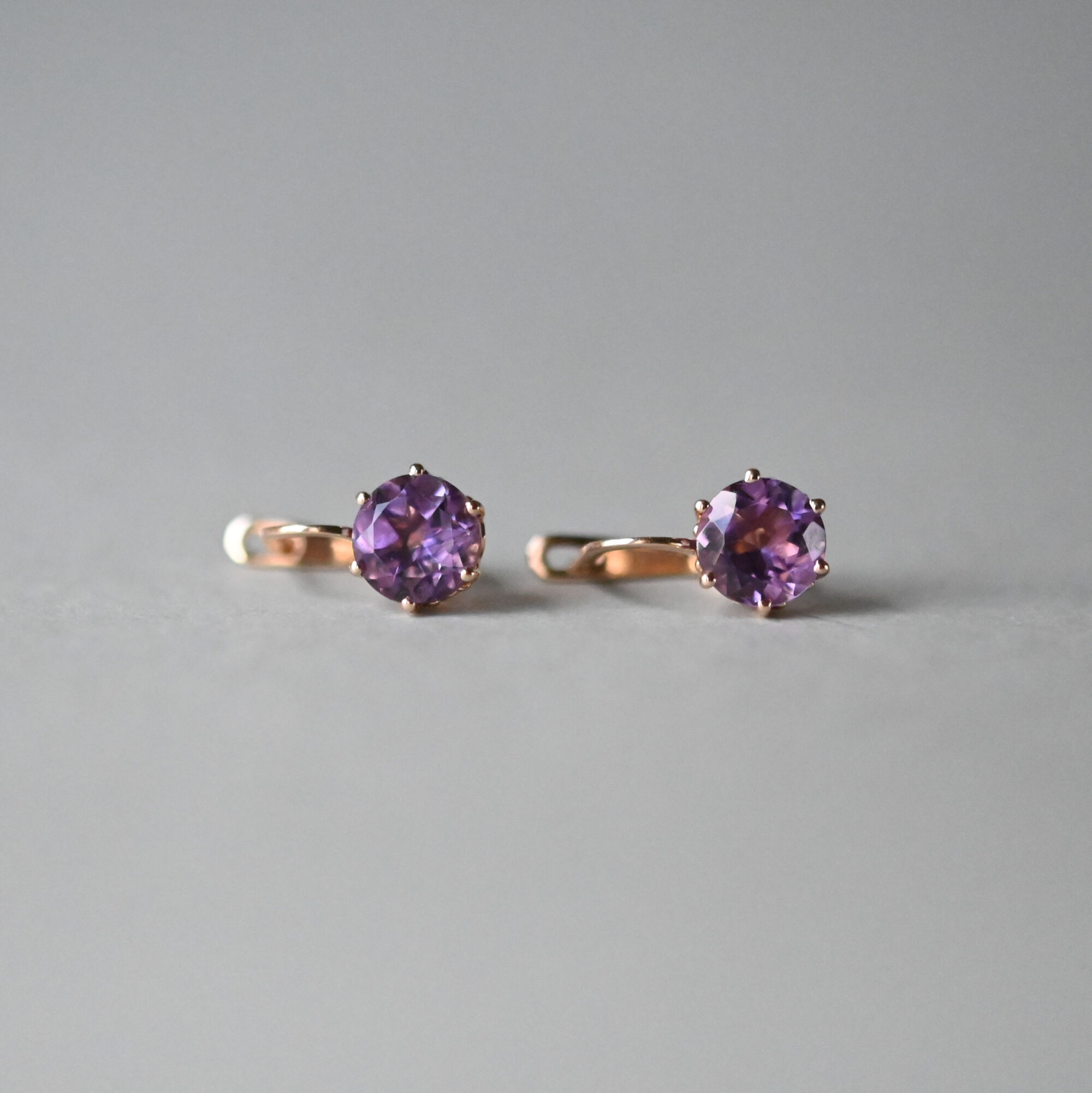 Contemporary pair of 14ct rose gold amethyst earrings