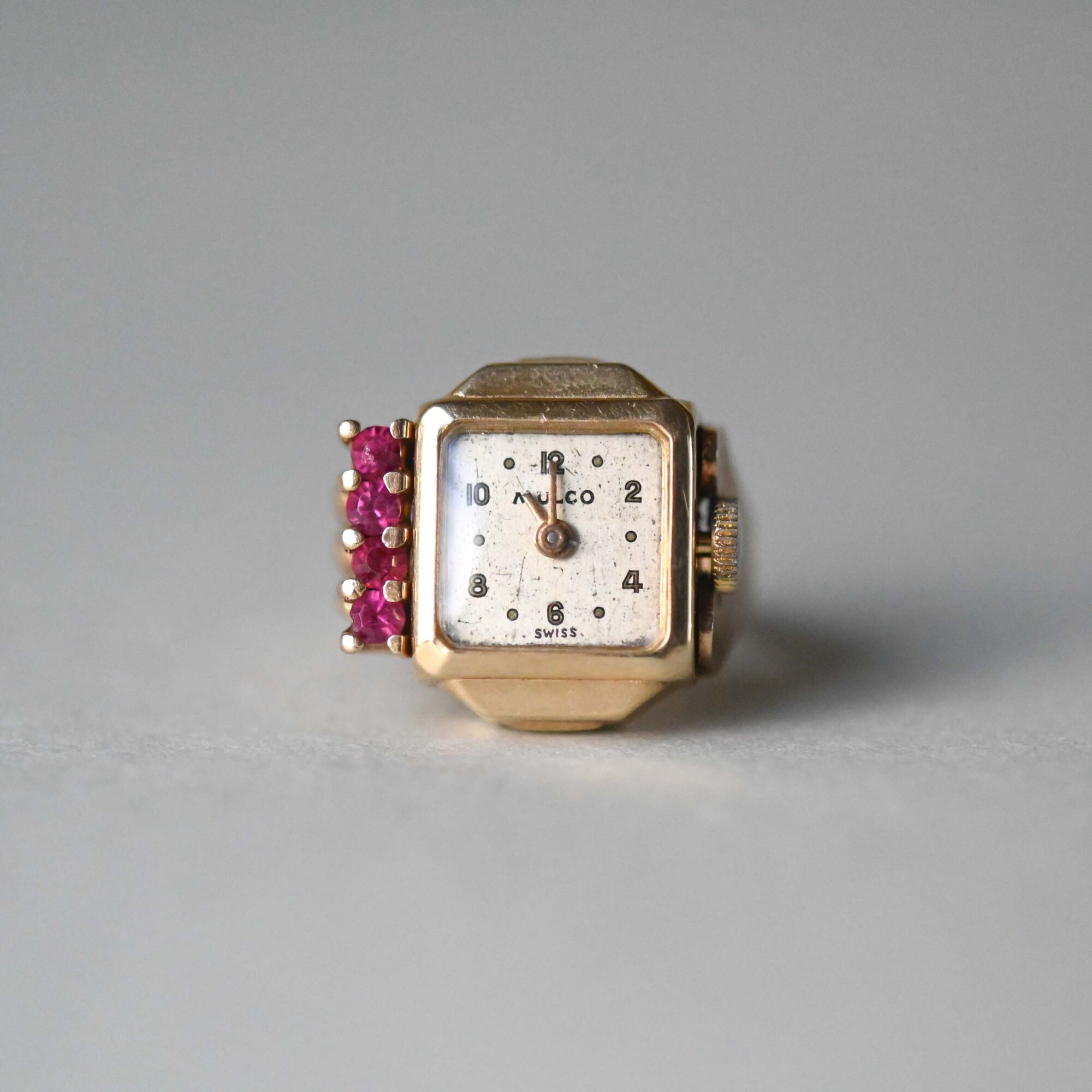 Mulco 14ct gold watch ring with red spinel c.1960s