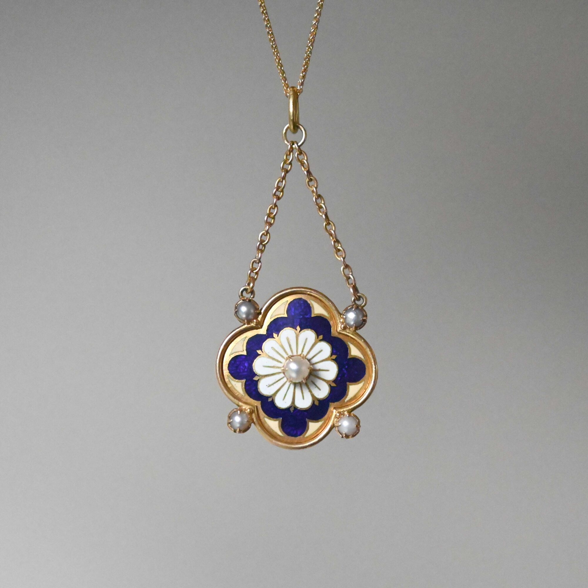 Antique 15ct gold enamel and pearl quatrefoil pendant c.1880s