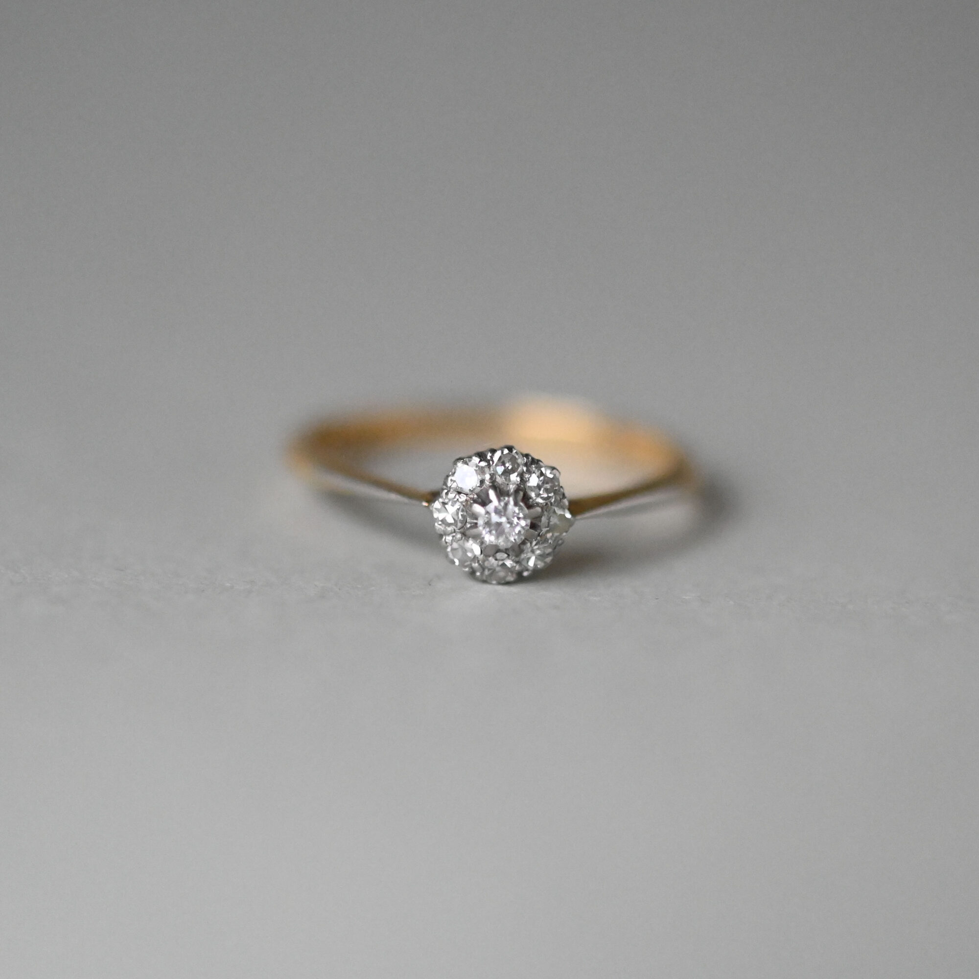 Dainty Edwardian 18ct gold and platinum diamond cluster ring