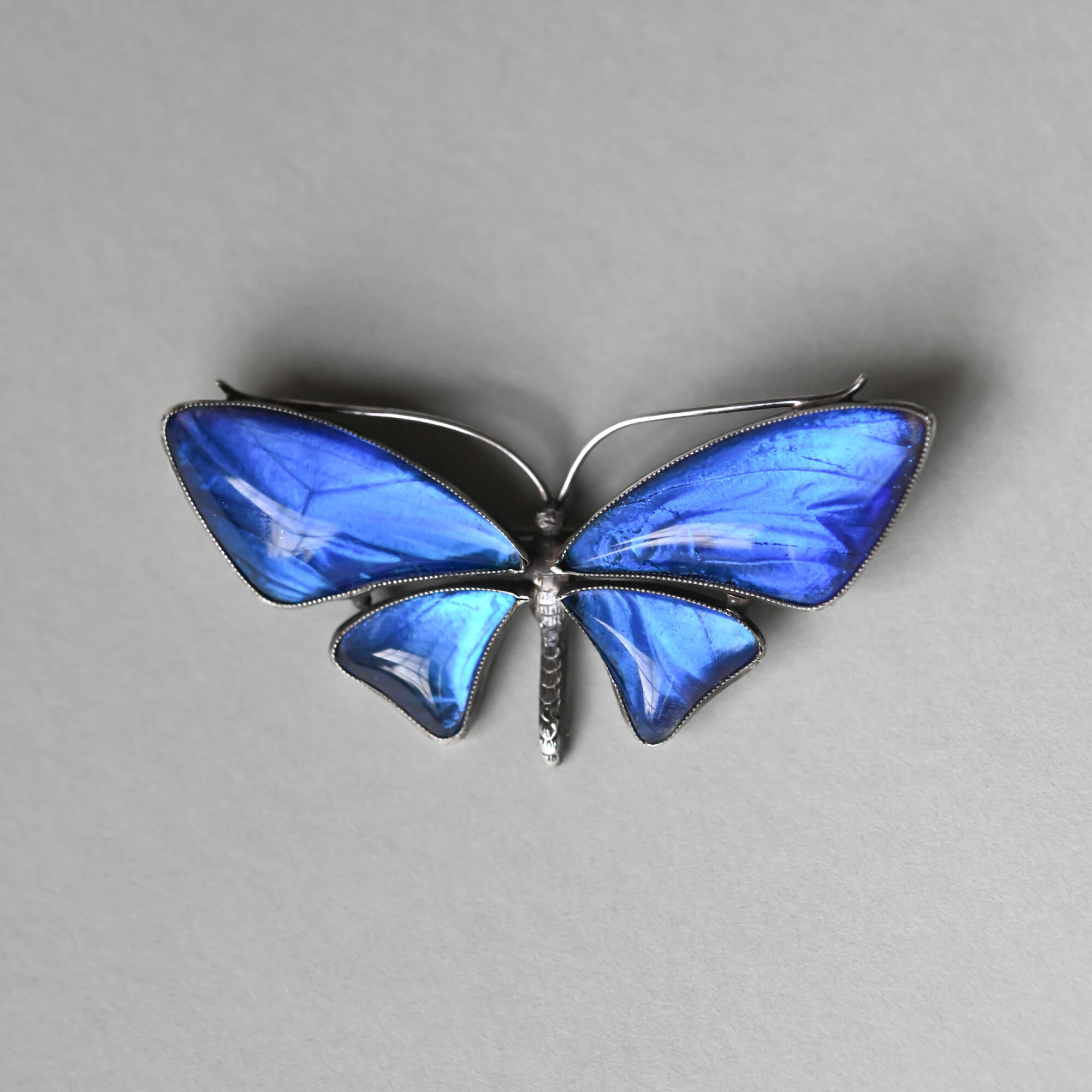 Art Deco sterling silver electric blue butterfly wing brooch c.1920s