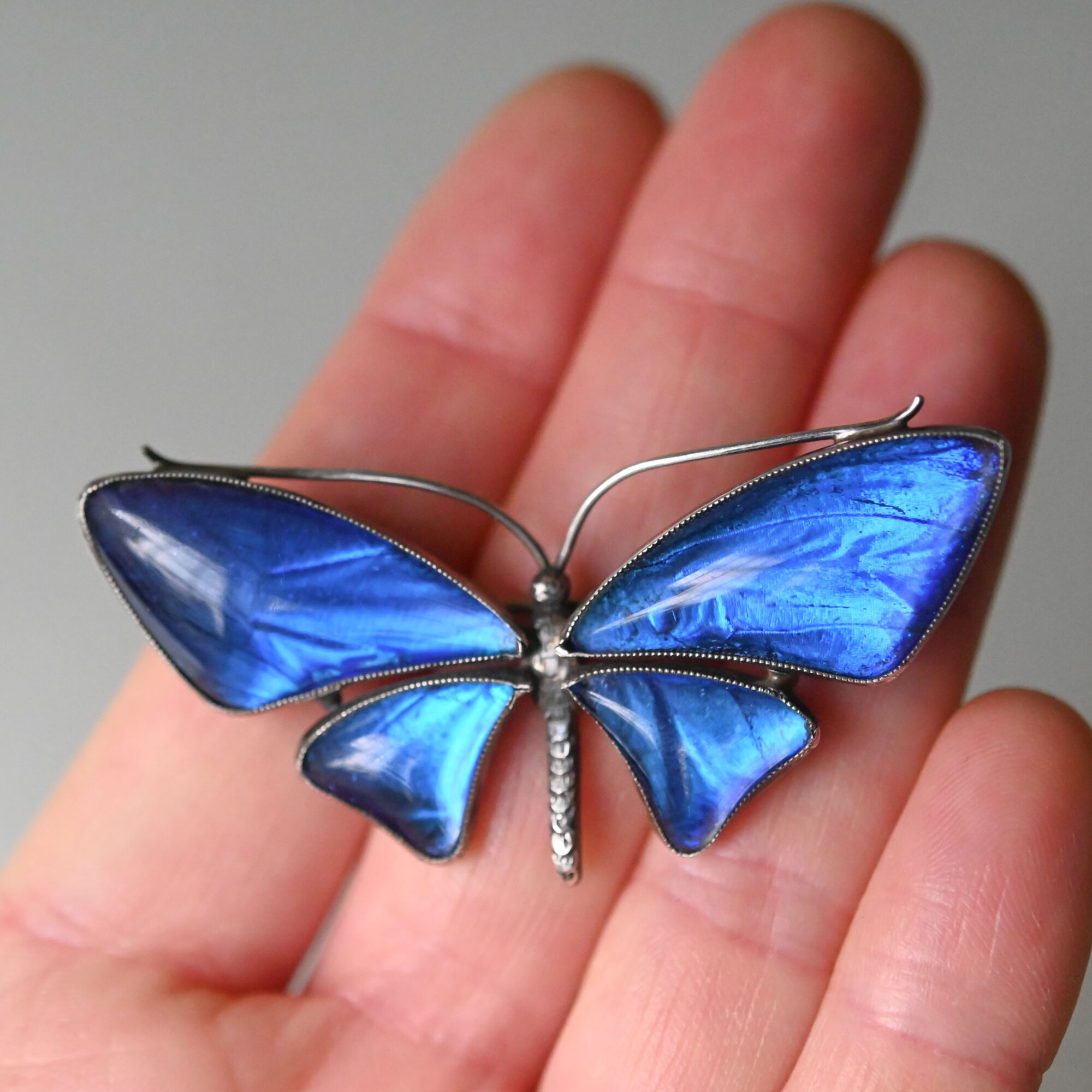 Art Deco sterling silver electric blue butterfly wing brooch c.1920s - Image 3