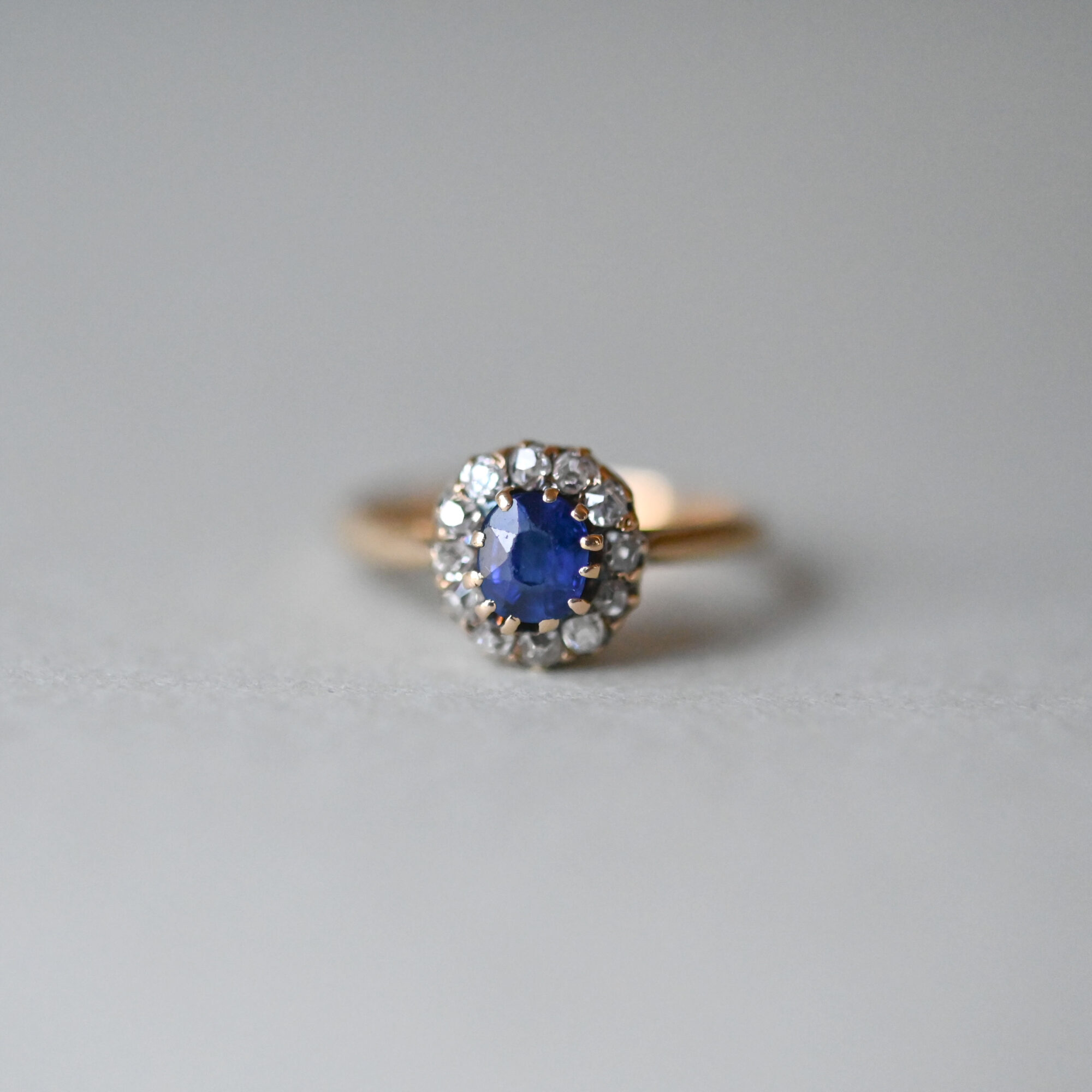 Classic 18ct gold sapphire and old cut diamond cluster ring