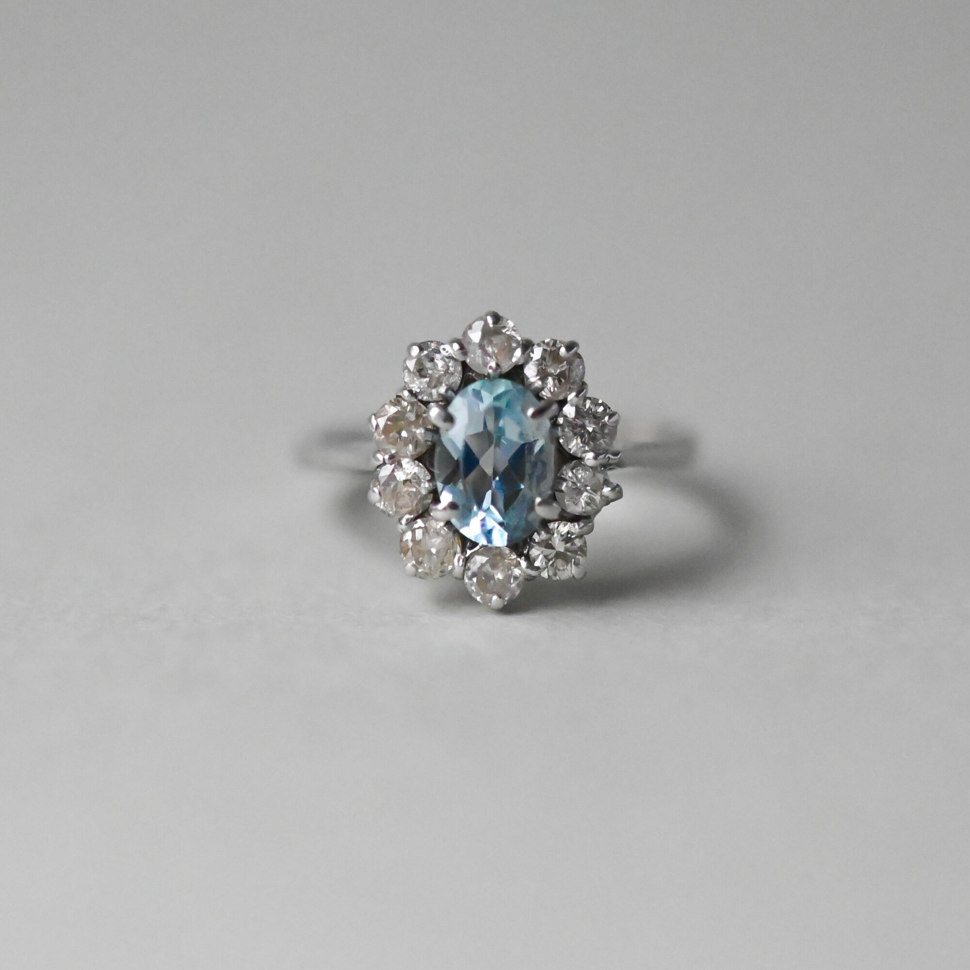 Classic 18ct white gold blue topaz and diamond cluster ring