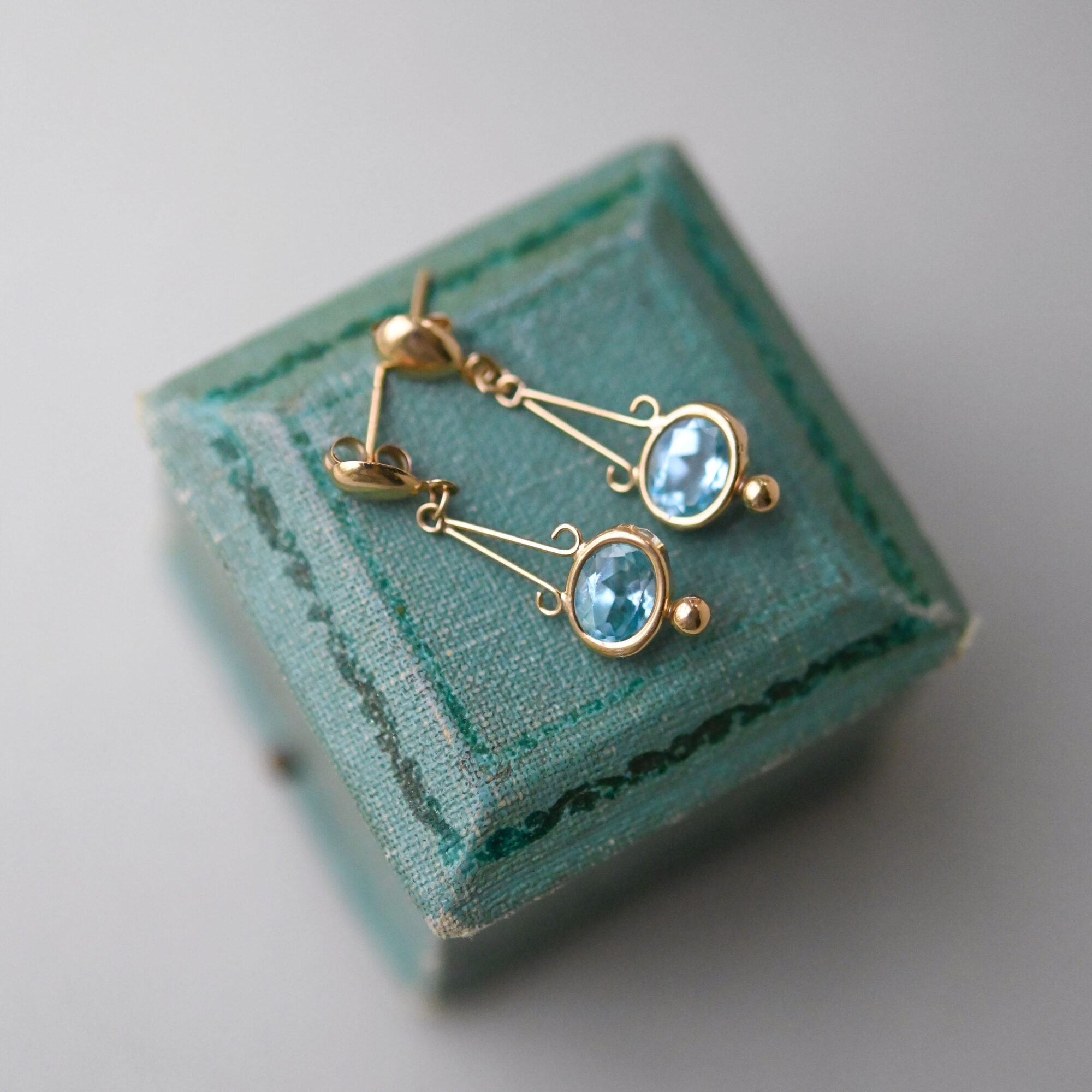 Contemporary pair of 9ct gold blue topaz Greek Goddess drop earrings - Image 2