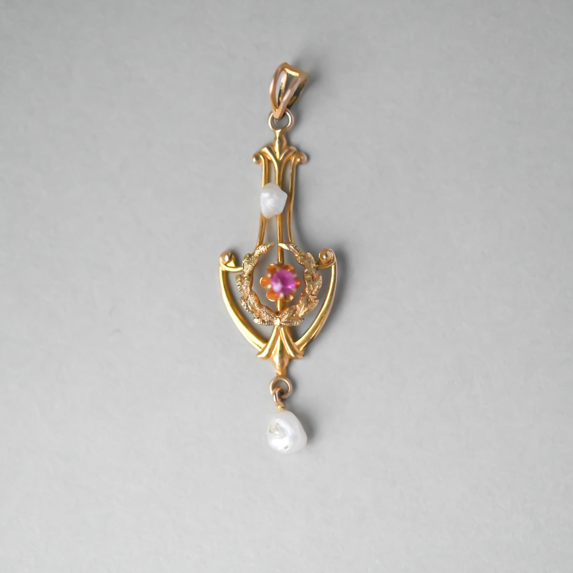 Dainty 9ct gold pearl and ruby drop pendant, c.1900