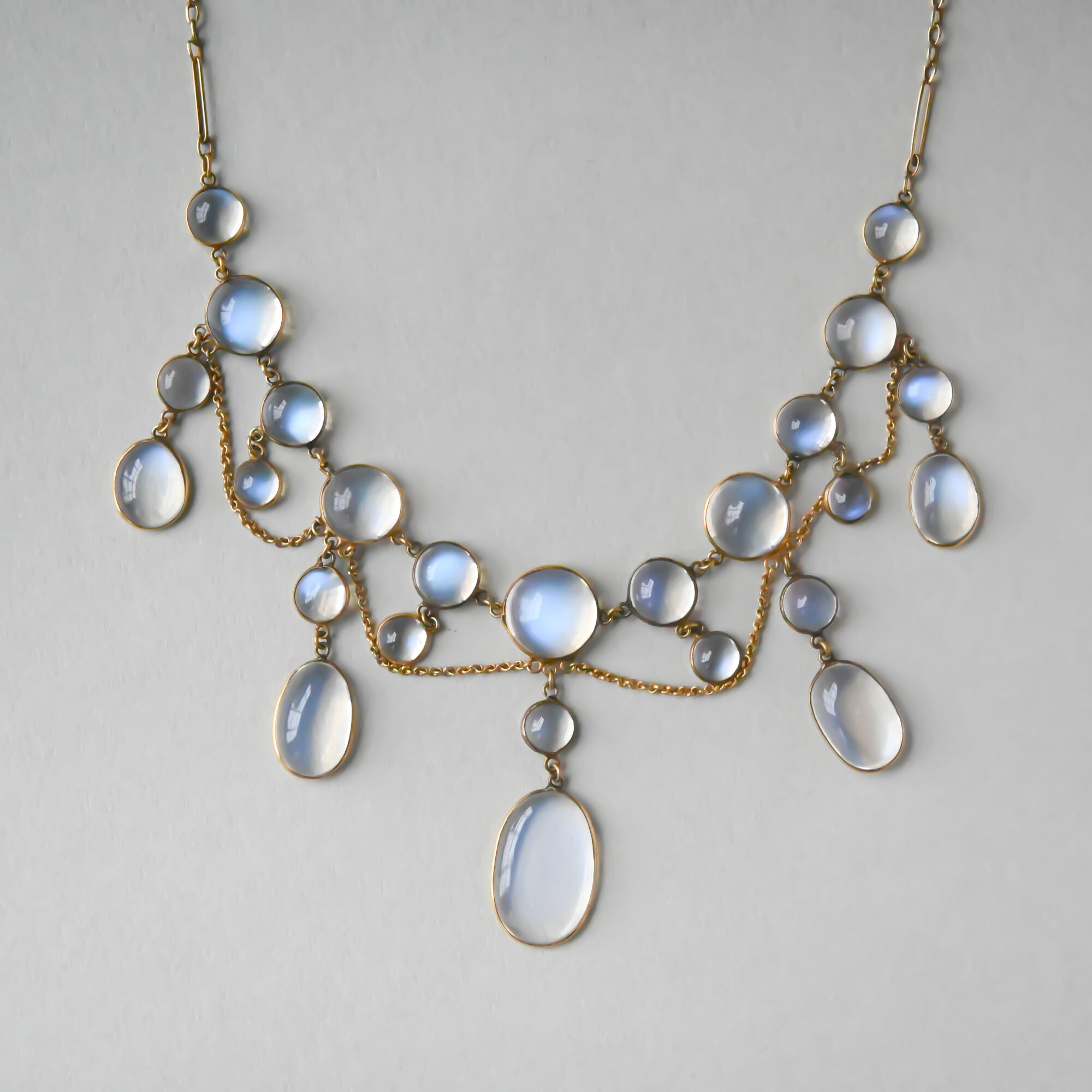 Ethereal antique Edwardian 9ct gold moonstone necklace, c.1910