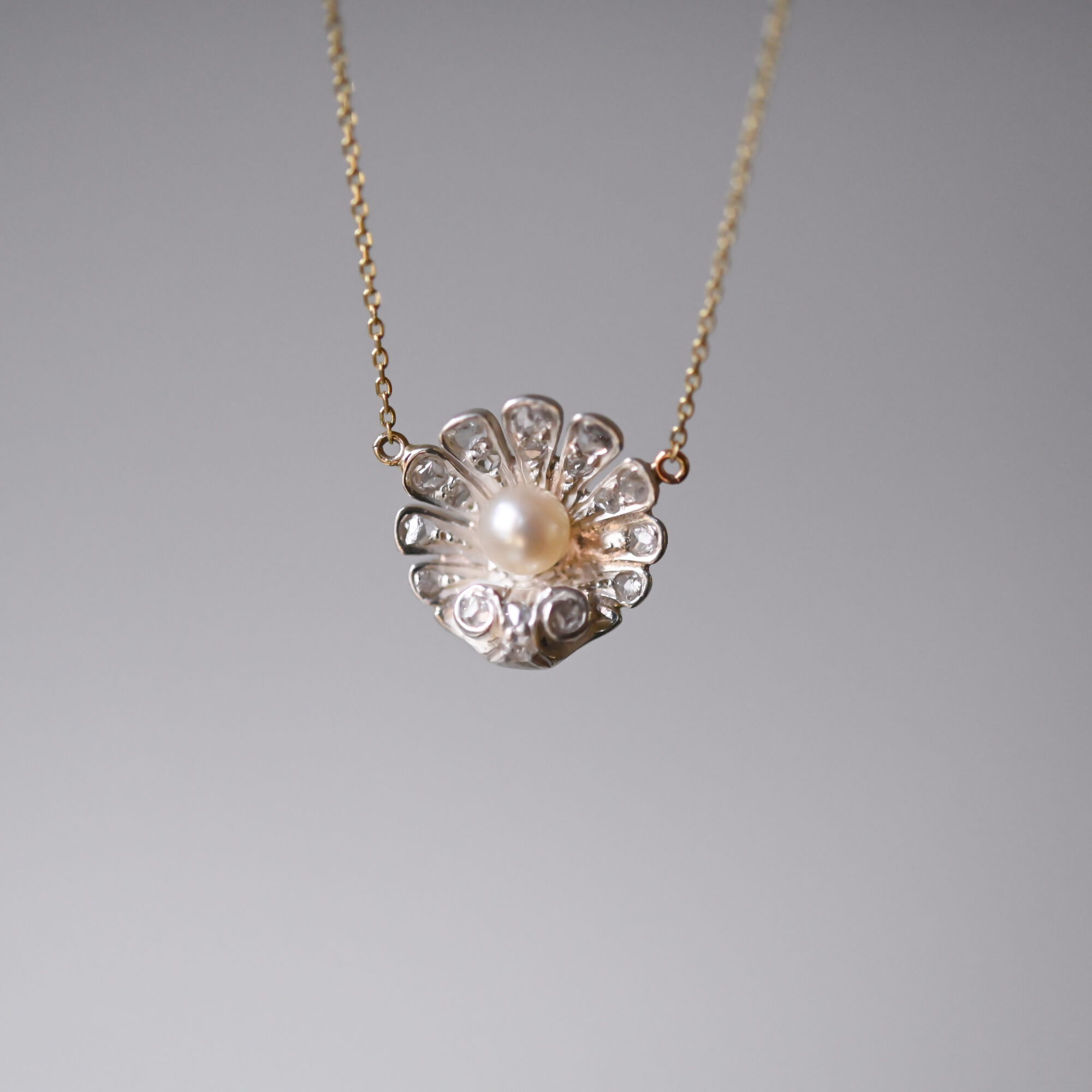 Victorian pearl and rose cut diamond scallop shell 9ct gold necklace