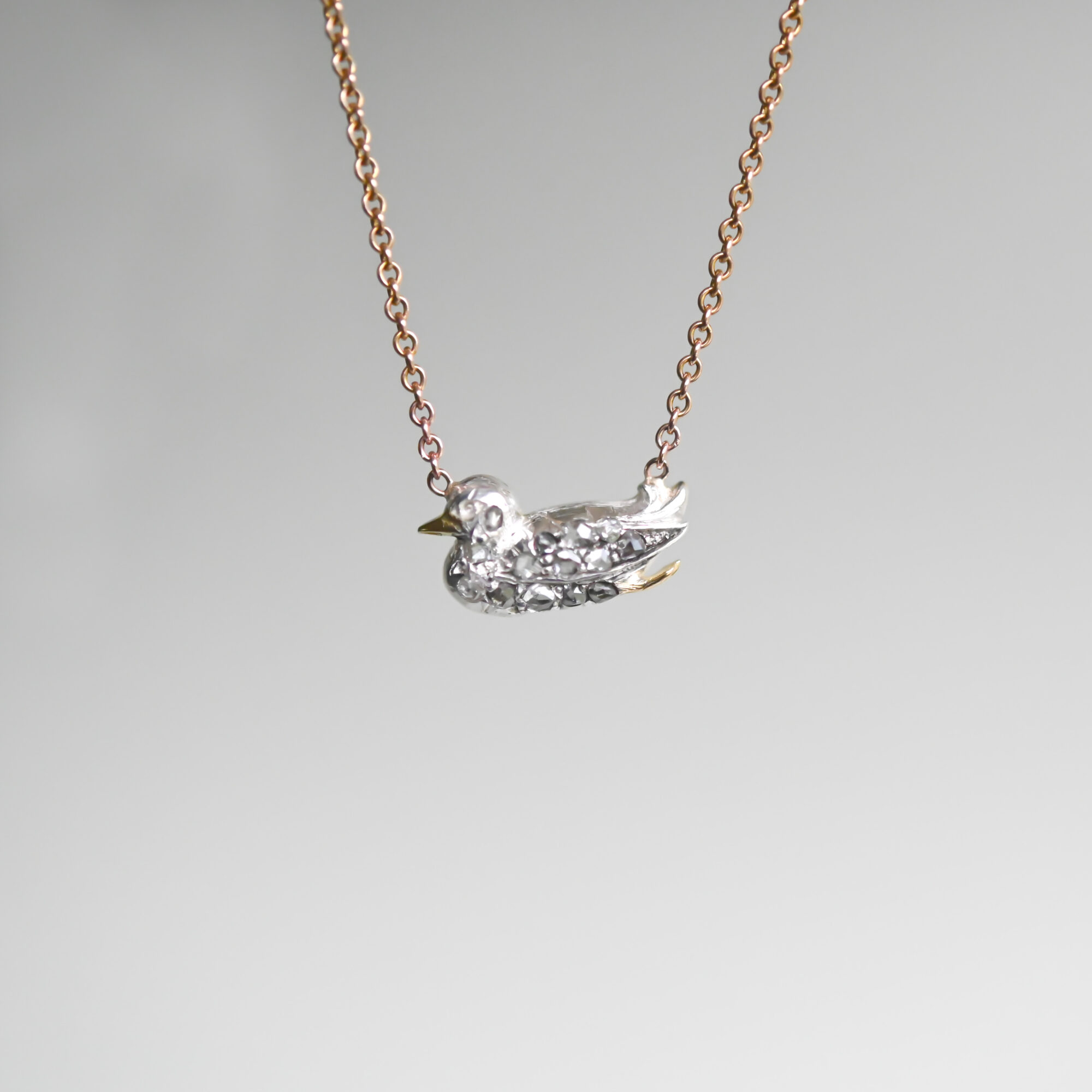 Victorian rose cut diamond duck 9ct gold necklace