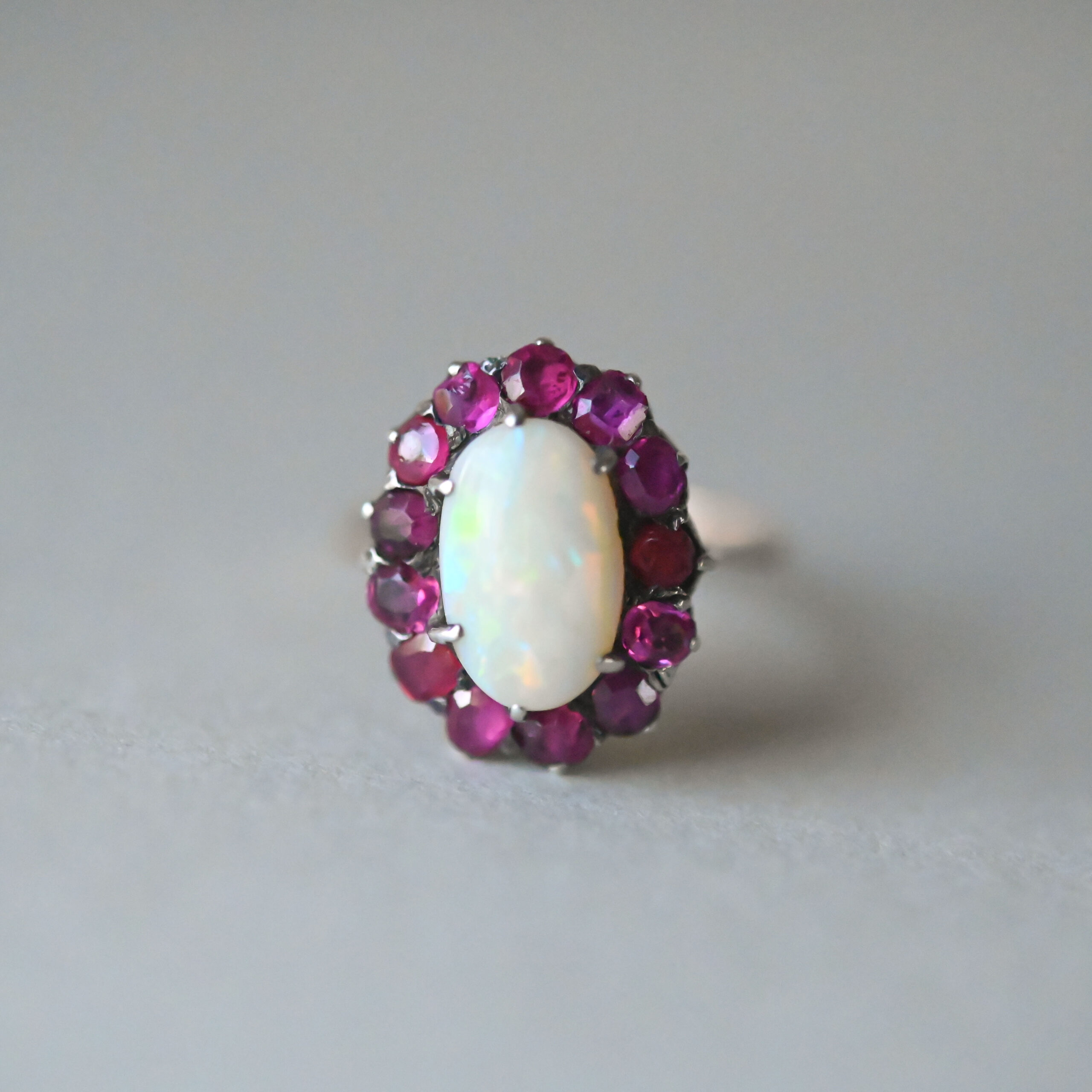 Vintage 9ct gold opal and ruby cluster ring
