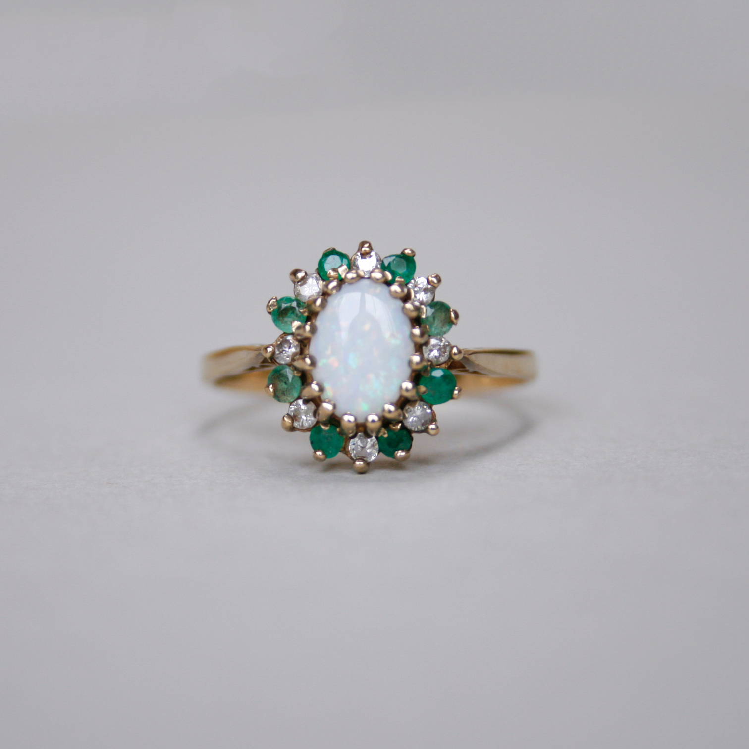 Vintage 9ct gold opal, emerald and mini diamond cluster ring