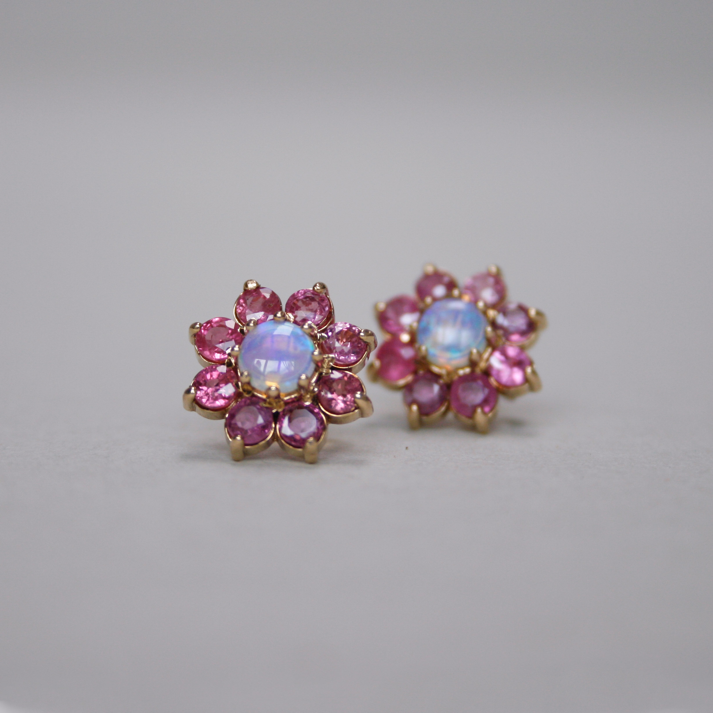 Contemporary pair of 9ct gold ruby and opal cluster earrings - Image 2