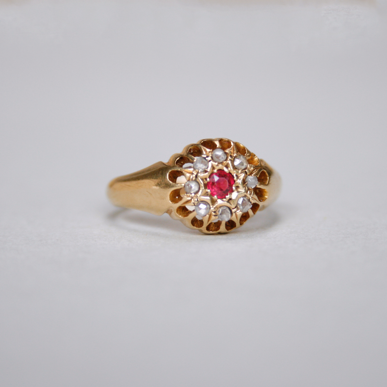Antique 18ct gold ruby and rose cut diamond cluster ring, 1918 - Image 2