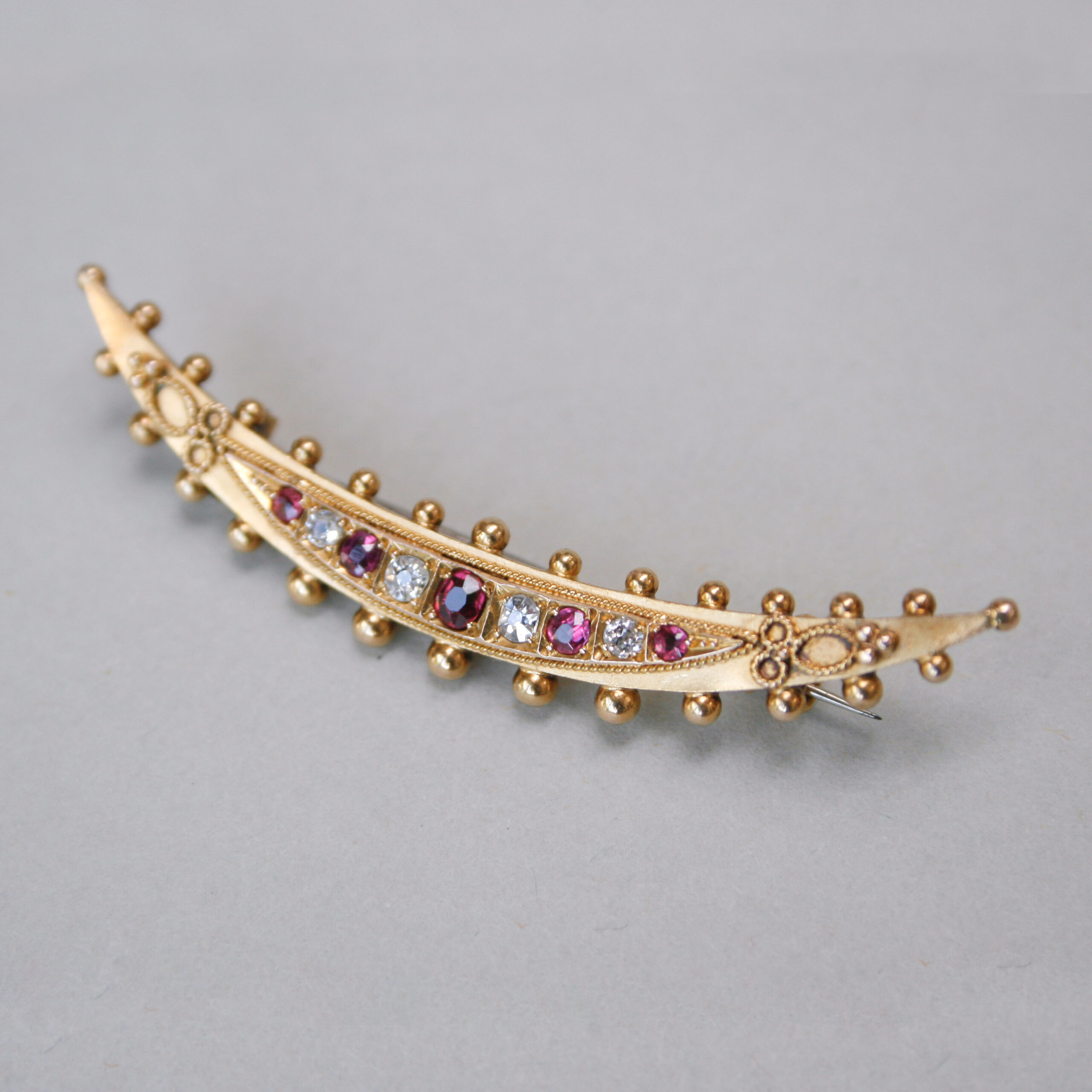 Victorian 15ct gold ruby and diamond crescent brooch, 1876 - Image 2