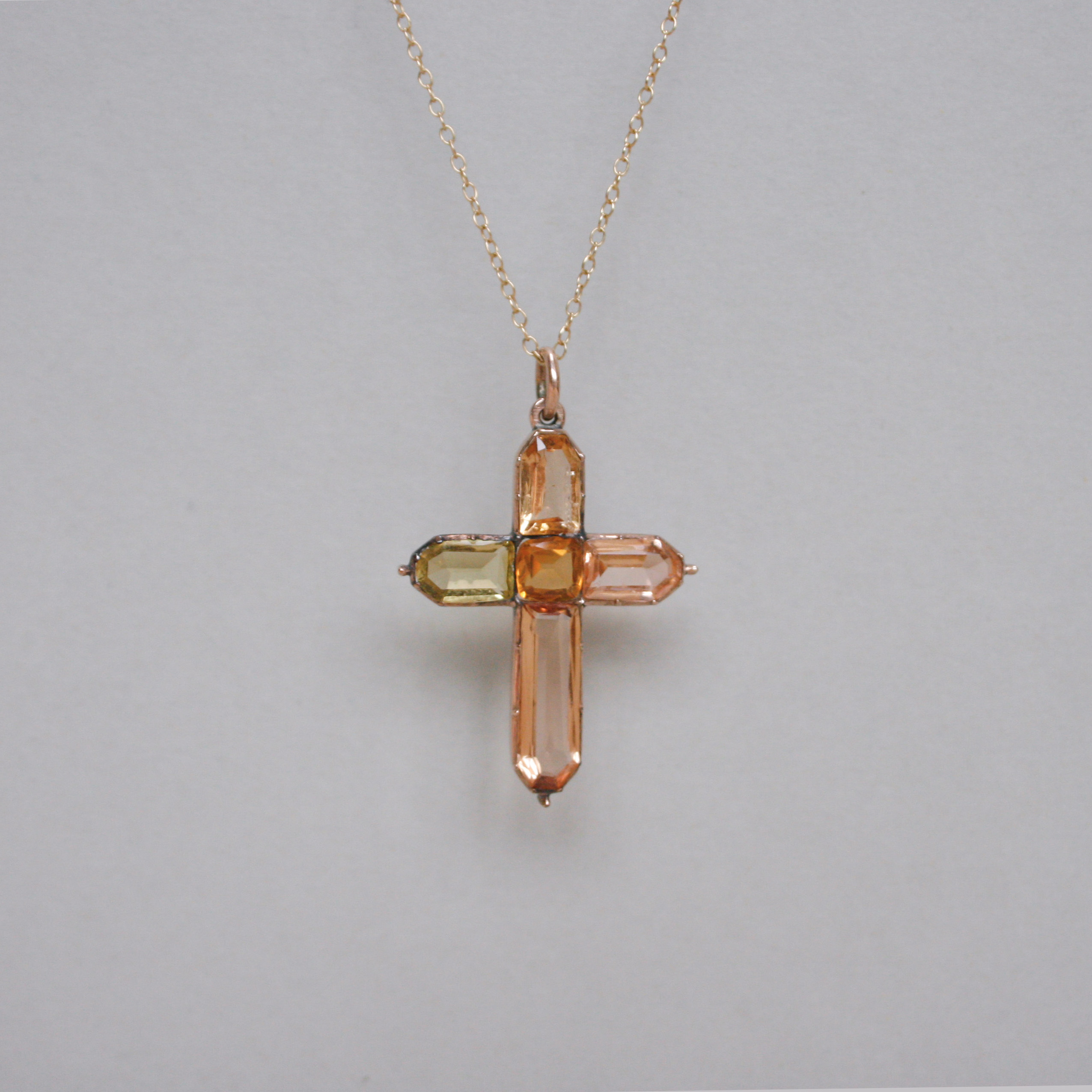 Antique Georgian 15ct gold citrine, topaz and paste cross pendant c.1830s