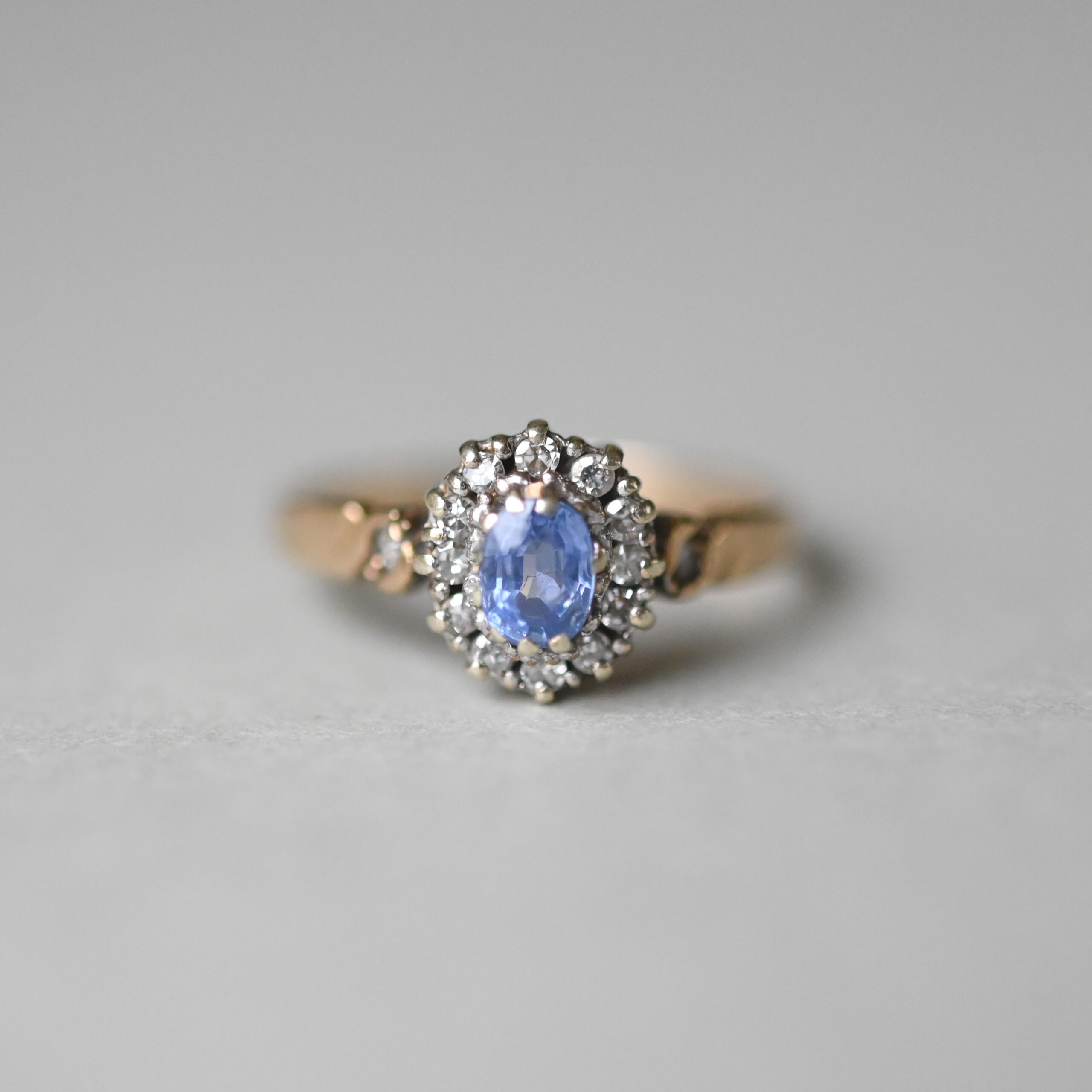 Cutie 9ct gold cornflower sapphire diamond cluster ring