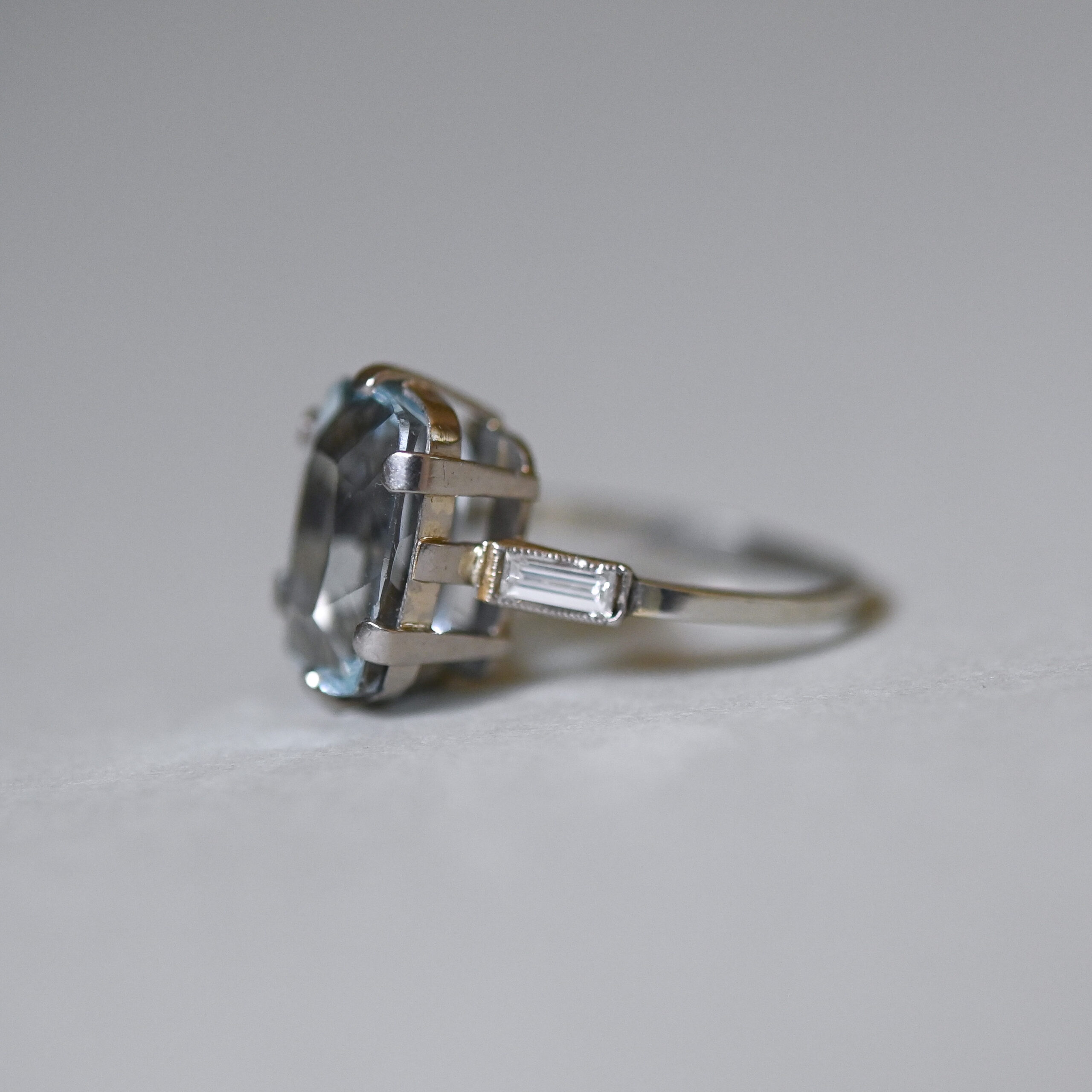 Art Deco 18ct white gold topaz and baguette cut diamond ring, c.1930s - Image 2