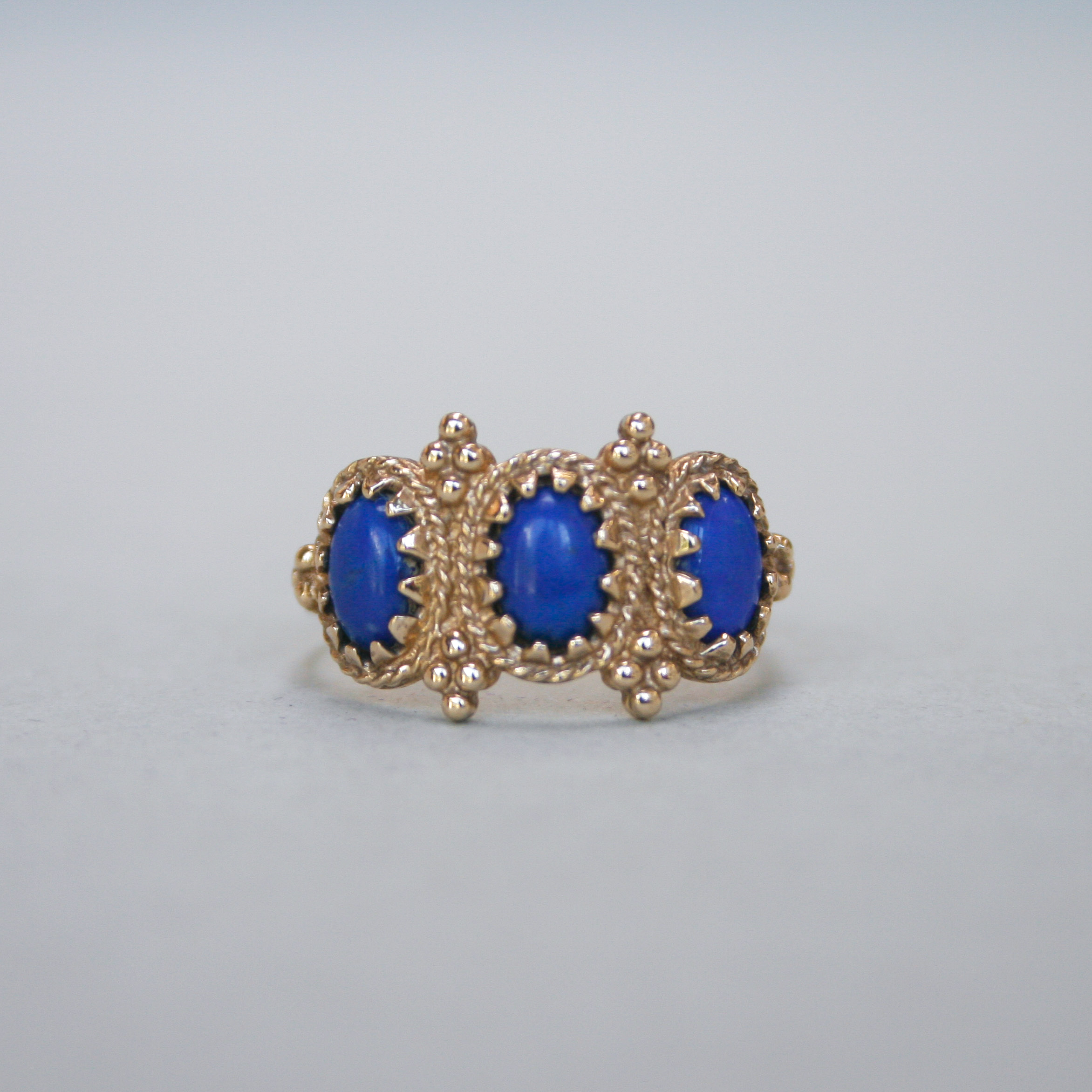 Byzantine design 9ct gold lapis lazuli contemporary three stone ring