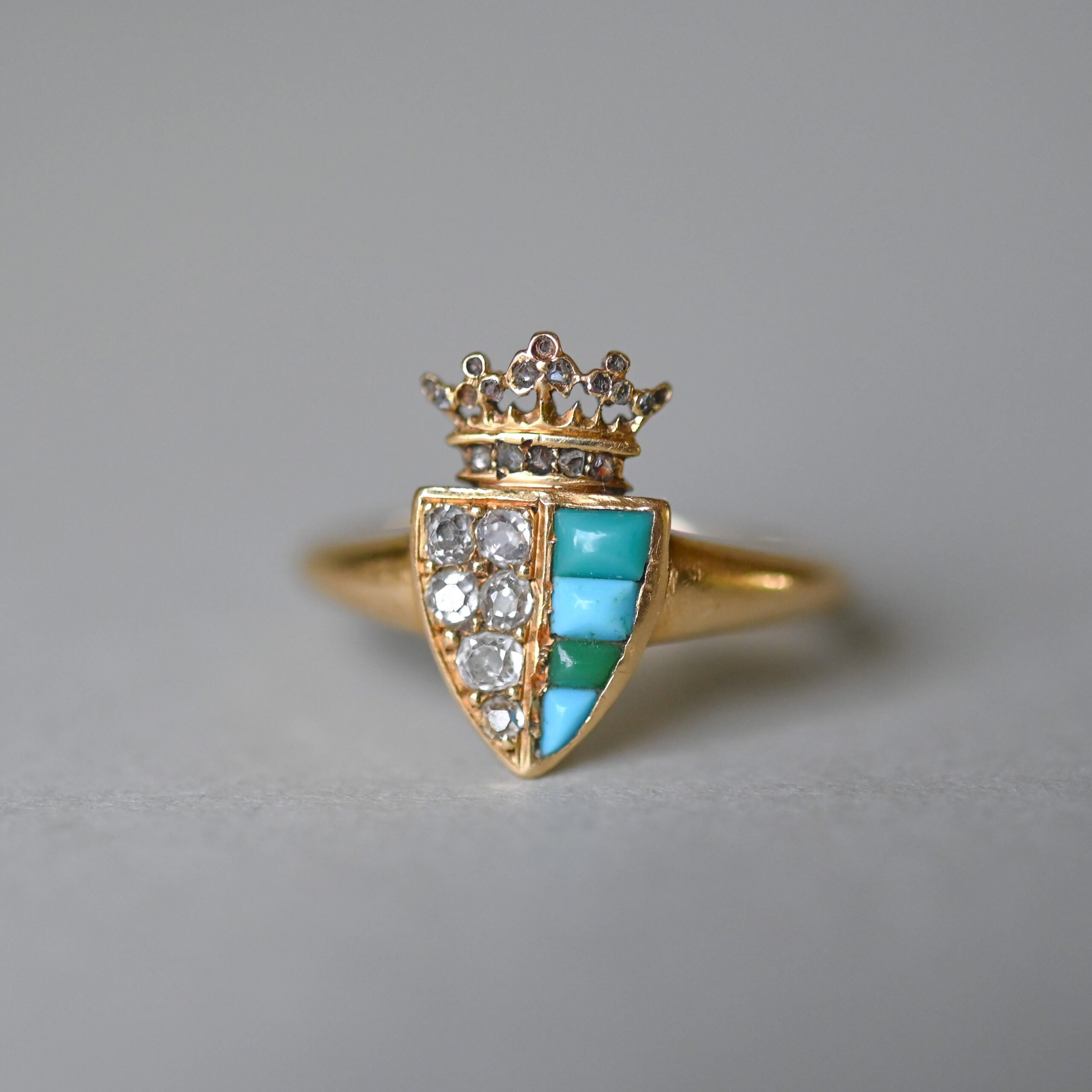 Victorian 18ct gold turquoise and old cut diamond crown shield ring, c.1860s - Image 2