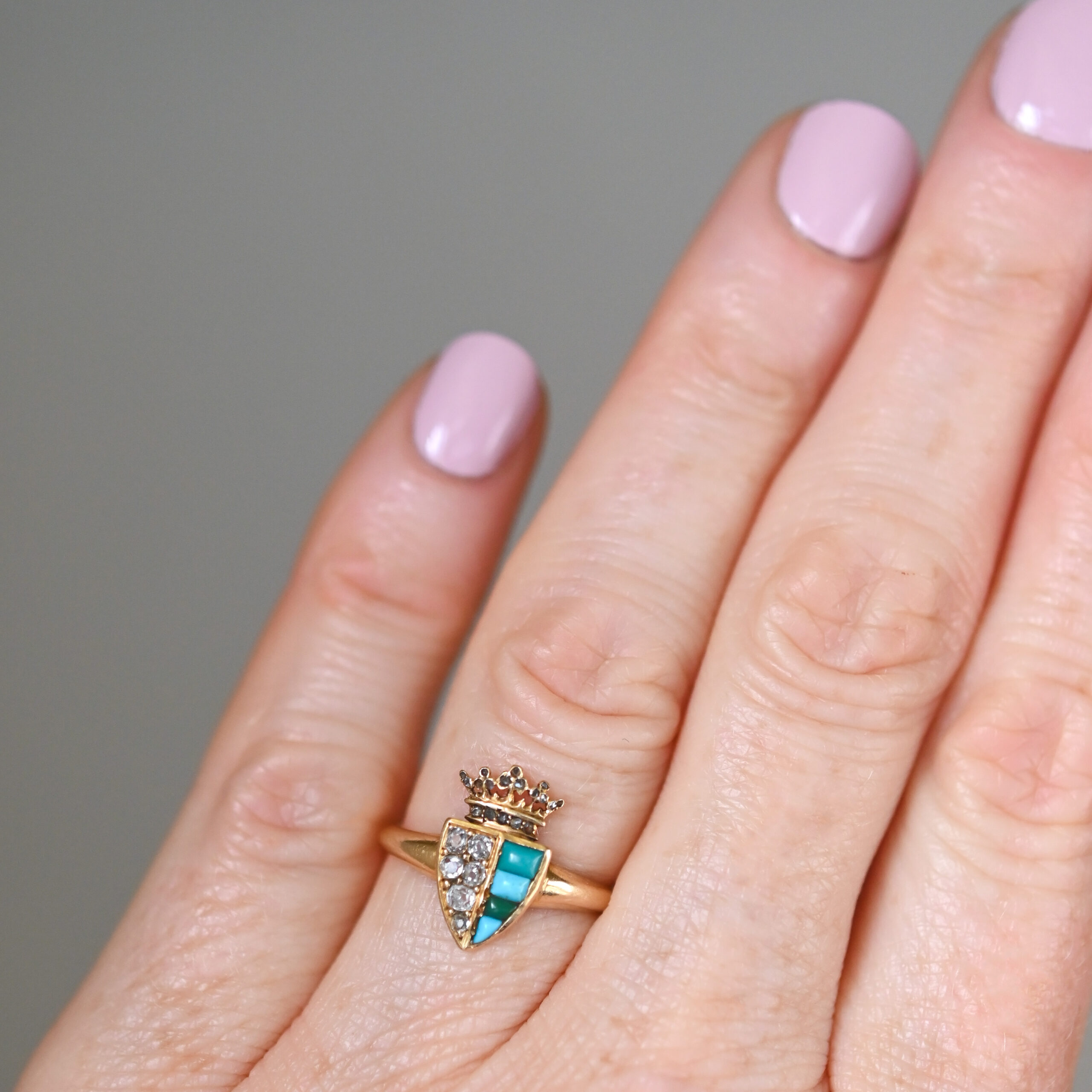 Victorian 18ct gold turquoise and old cut diamond crown shield ring, c.1860s - Image 3