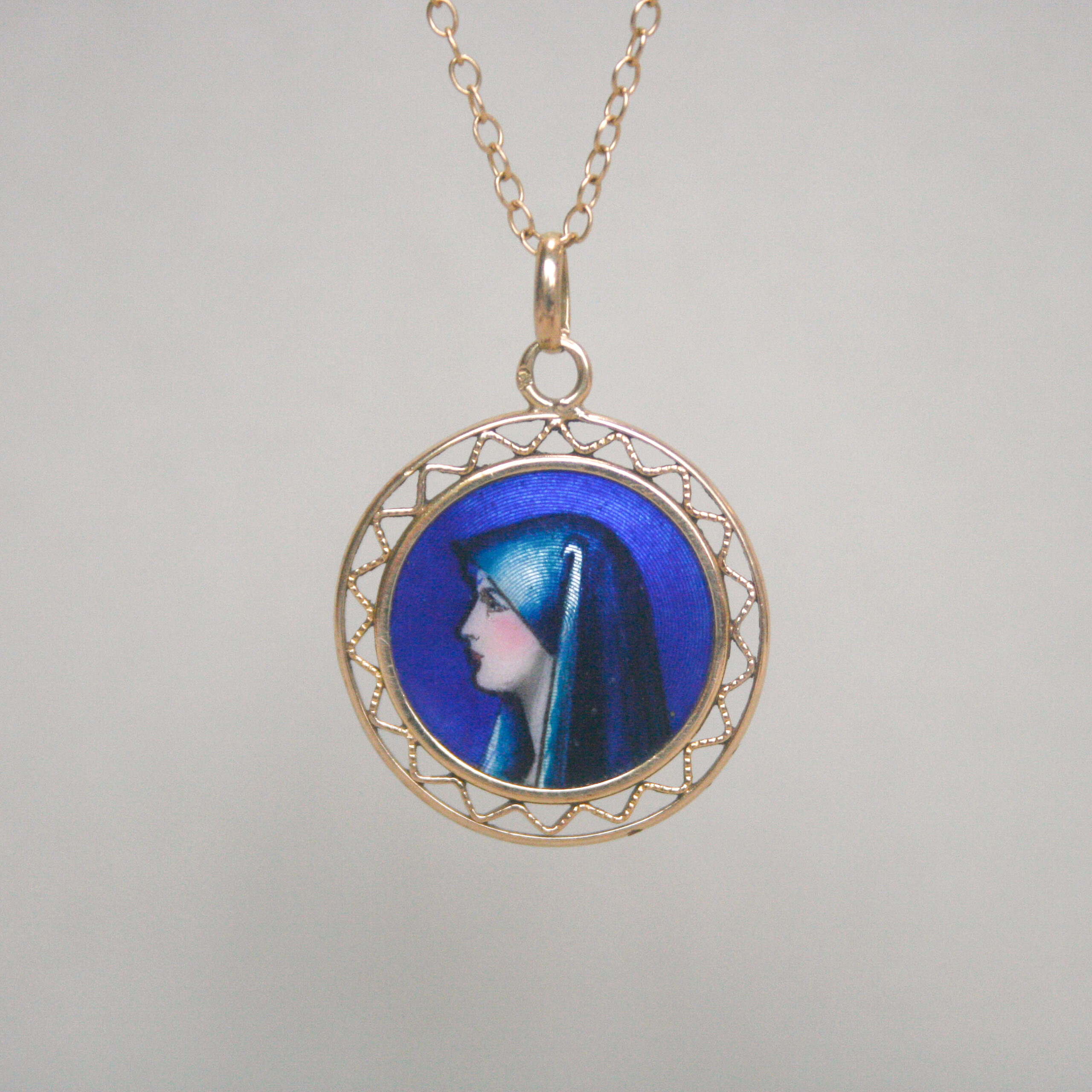 Vintage 9ct gold blue enamel Madonna Virgin Mary medallion pendant, c.1930s