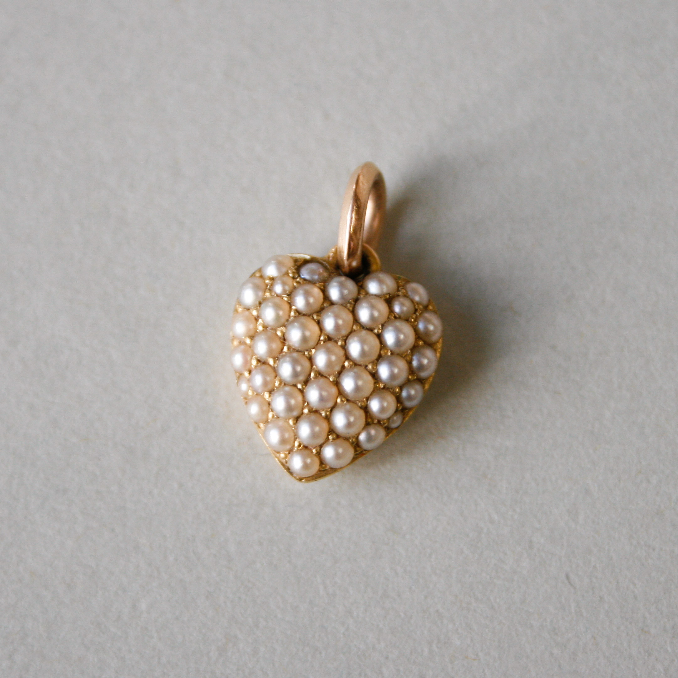 RESERVED *Antique Edwardian 15ct gold puffy pearl heart charm pendant, c.1900 - 1910*