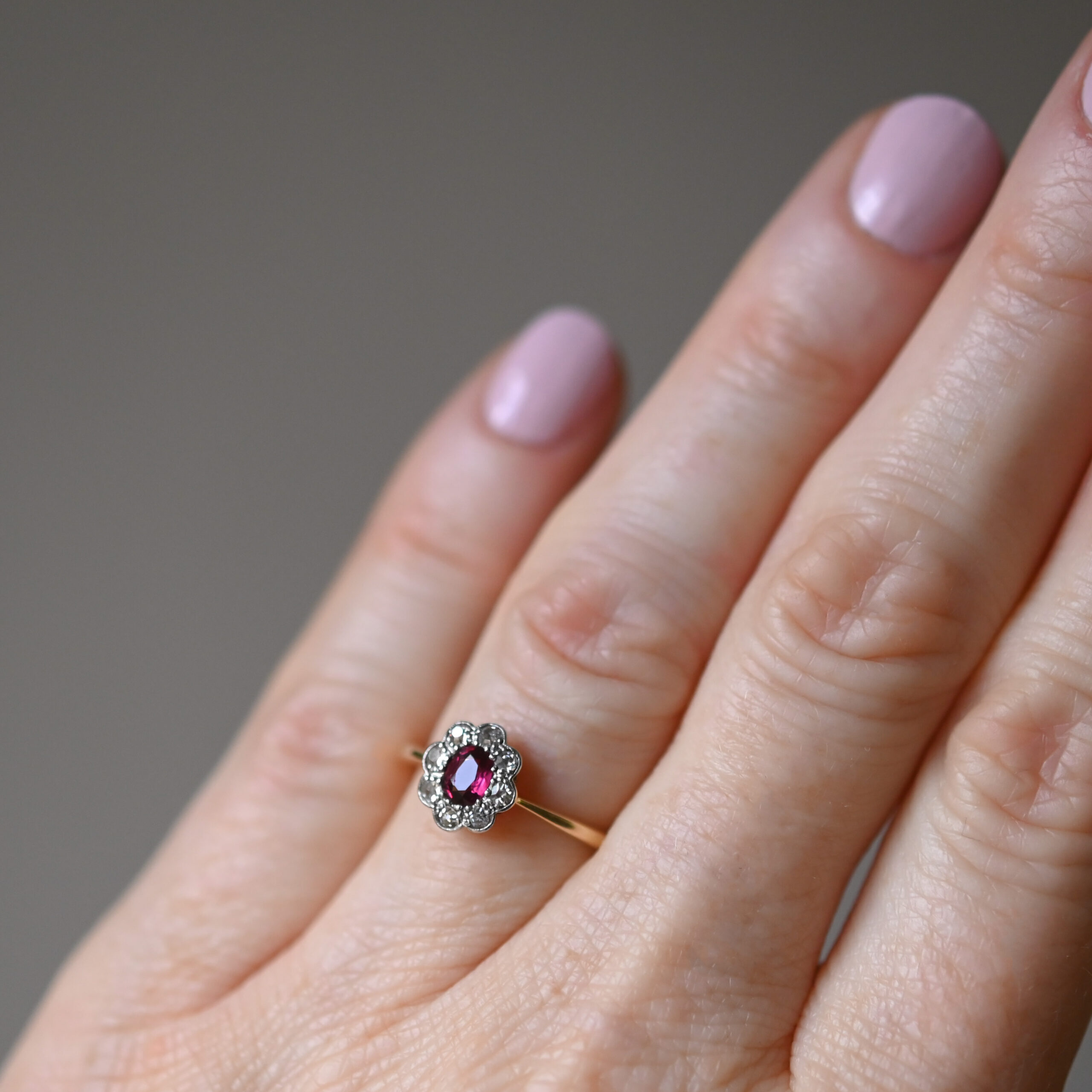 Art Deco 18ct gold platinum ruby and diamond cluster ring, c.1930s - Image 2