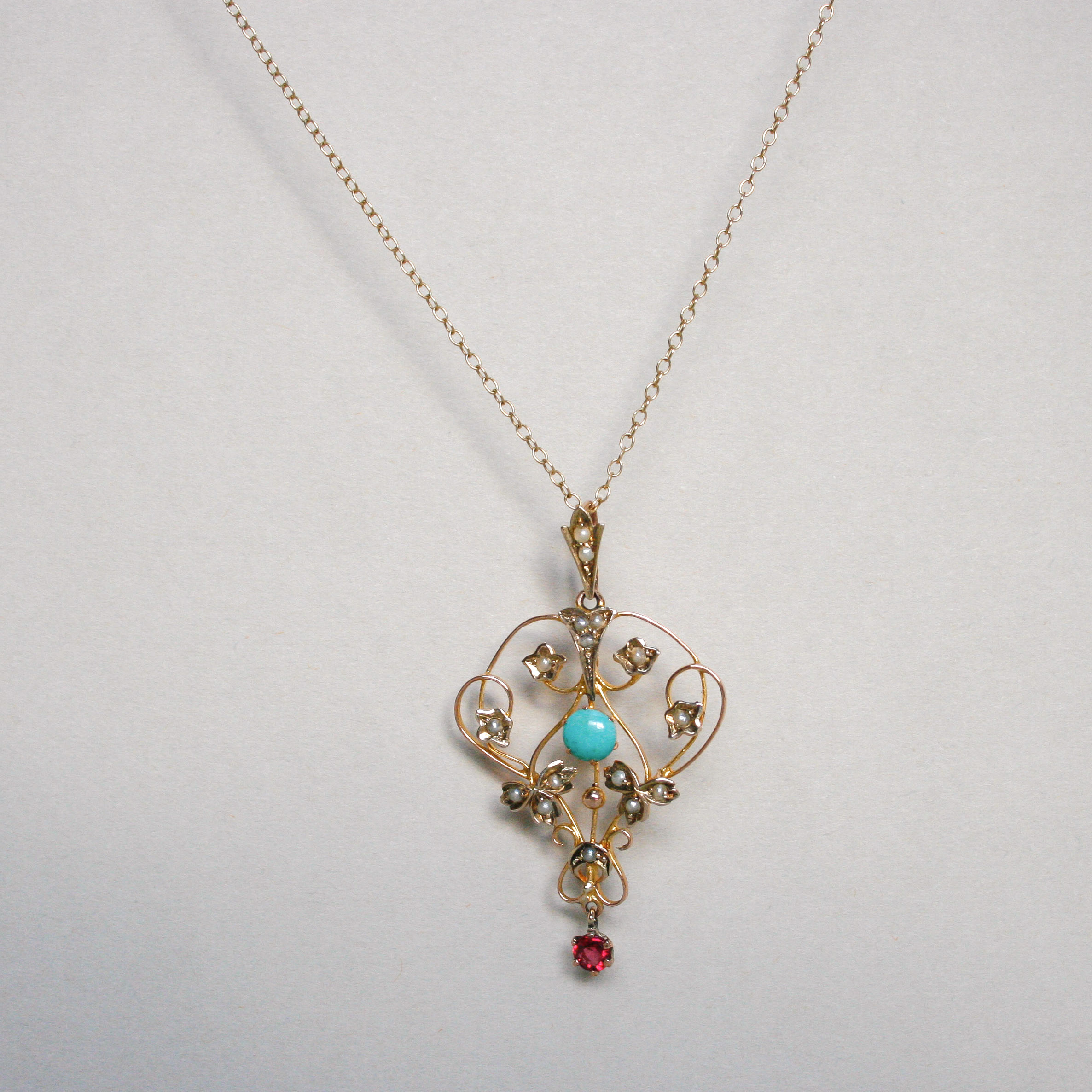 Antique Edwardian 9ct gold turquoise, pearl and garnet lavalier drop pendant - Image 2