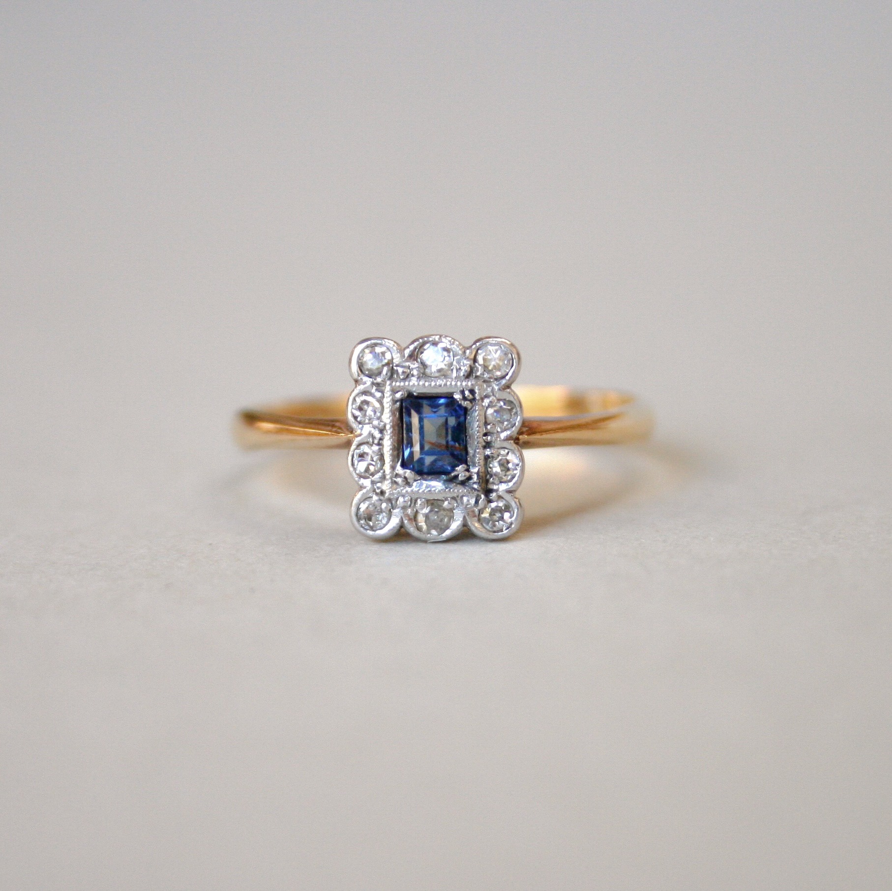 Art Deco 18ct gold platinum sapphire mini diamond cluster ring