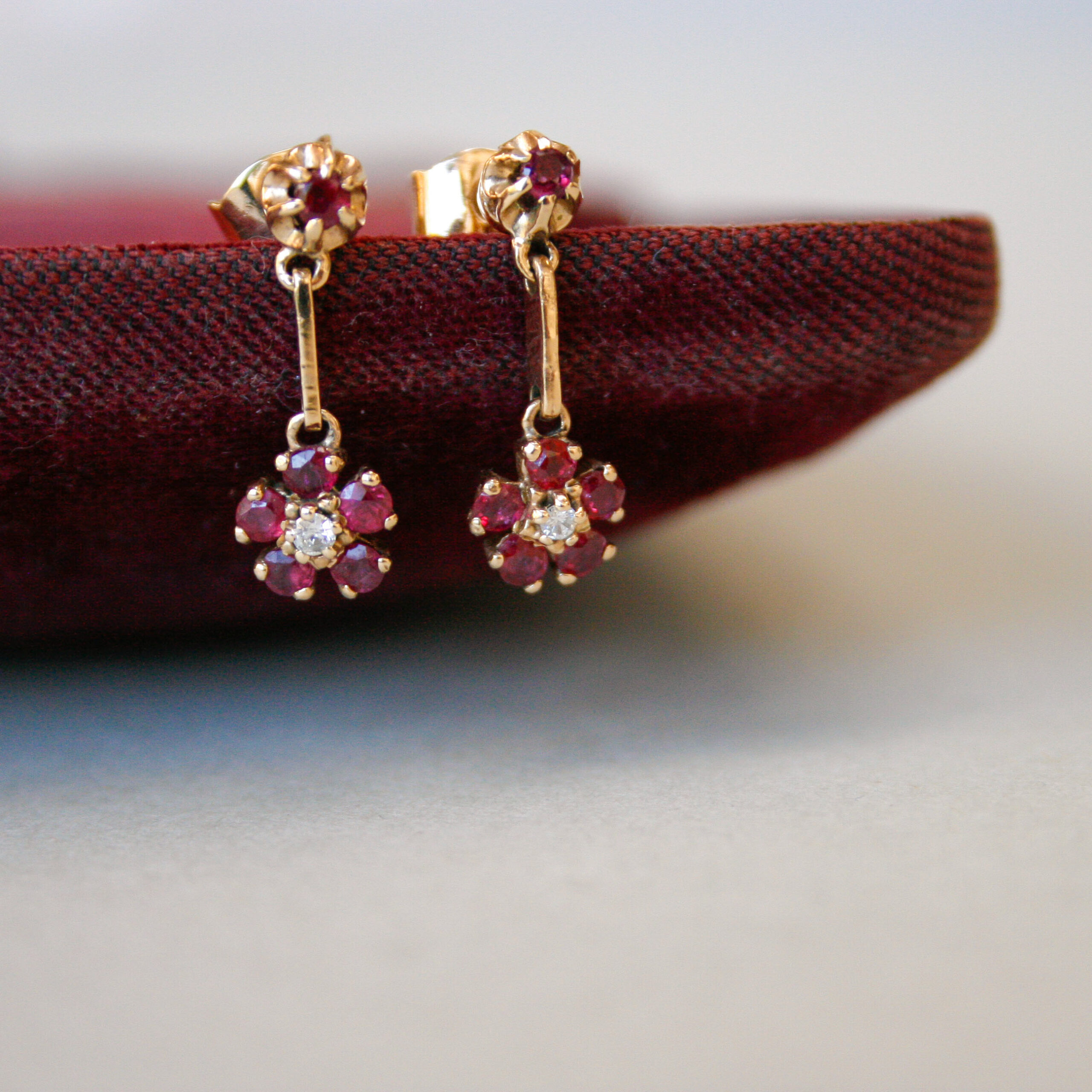 Cutie pair of 9ct gold ruby and diamond flower cluster drop earrings - Image 2