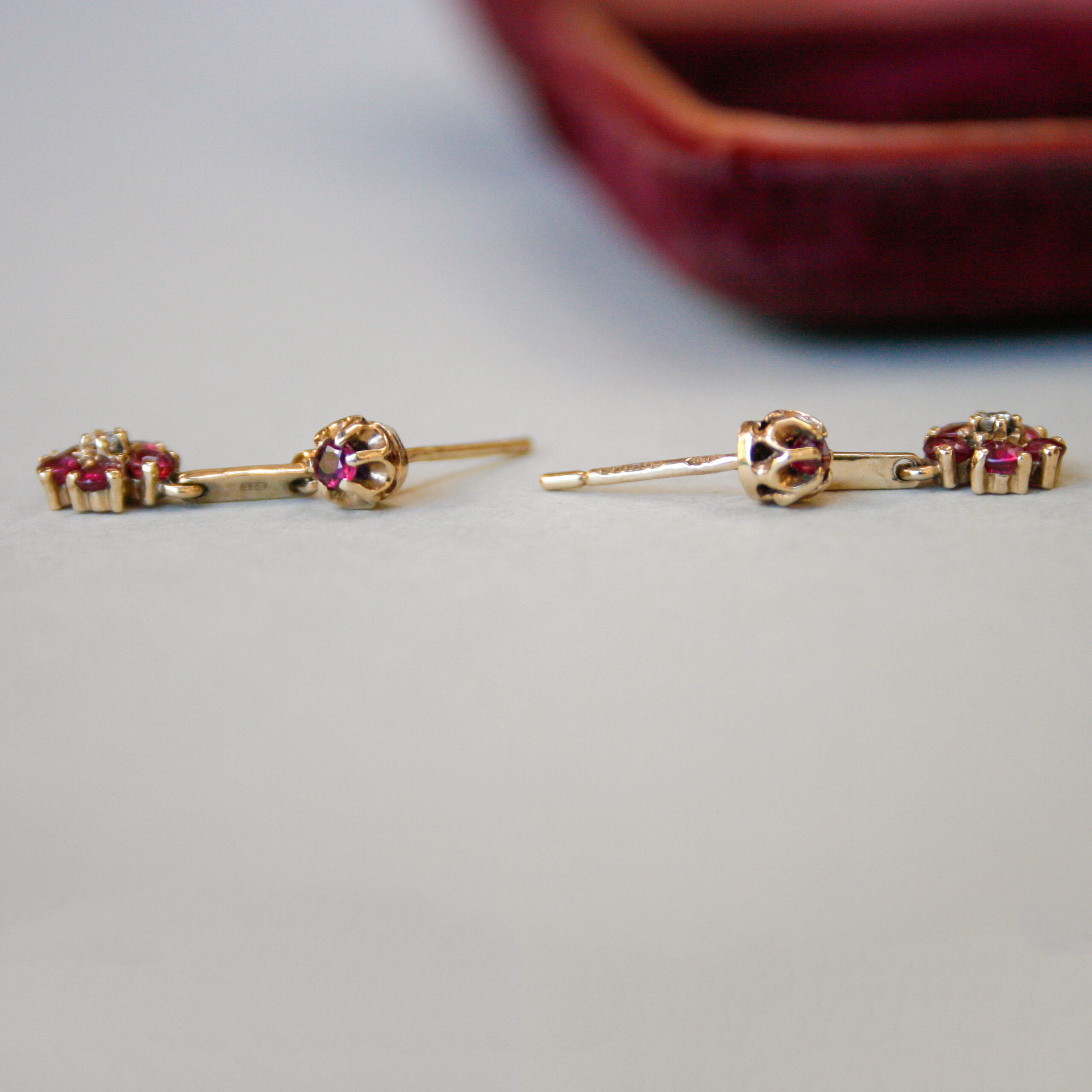 Cutie pair of 9ct gold ruby and diamond flower cluster drop earrings - Image 3
