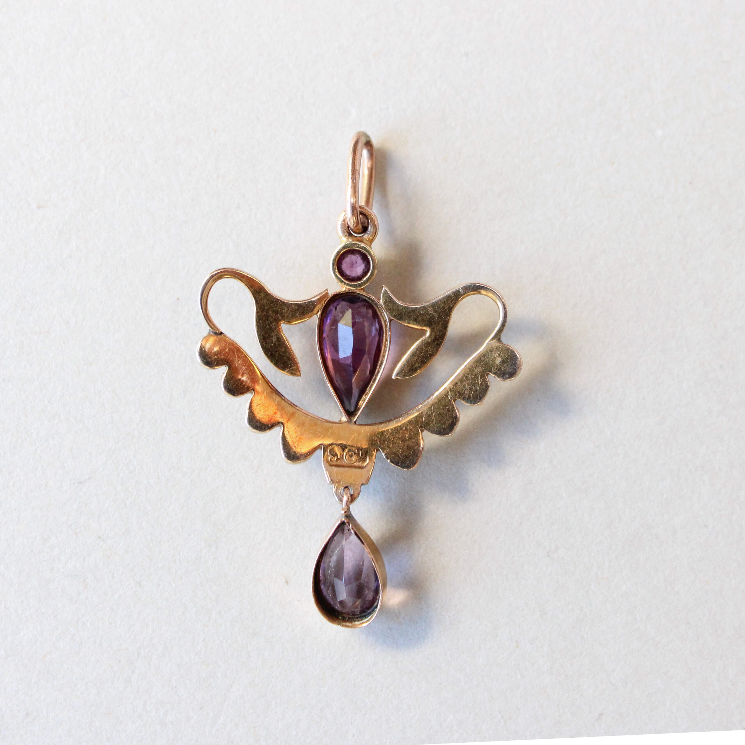Antique Edwardian 9ct gold amethyst and pearl lavalier pendant, c.1910 - Image 4