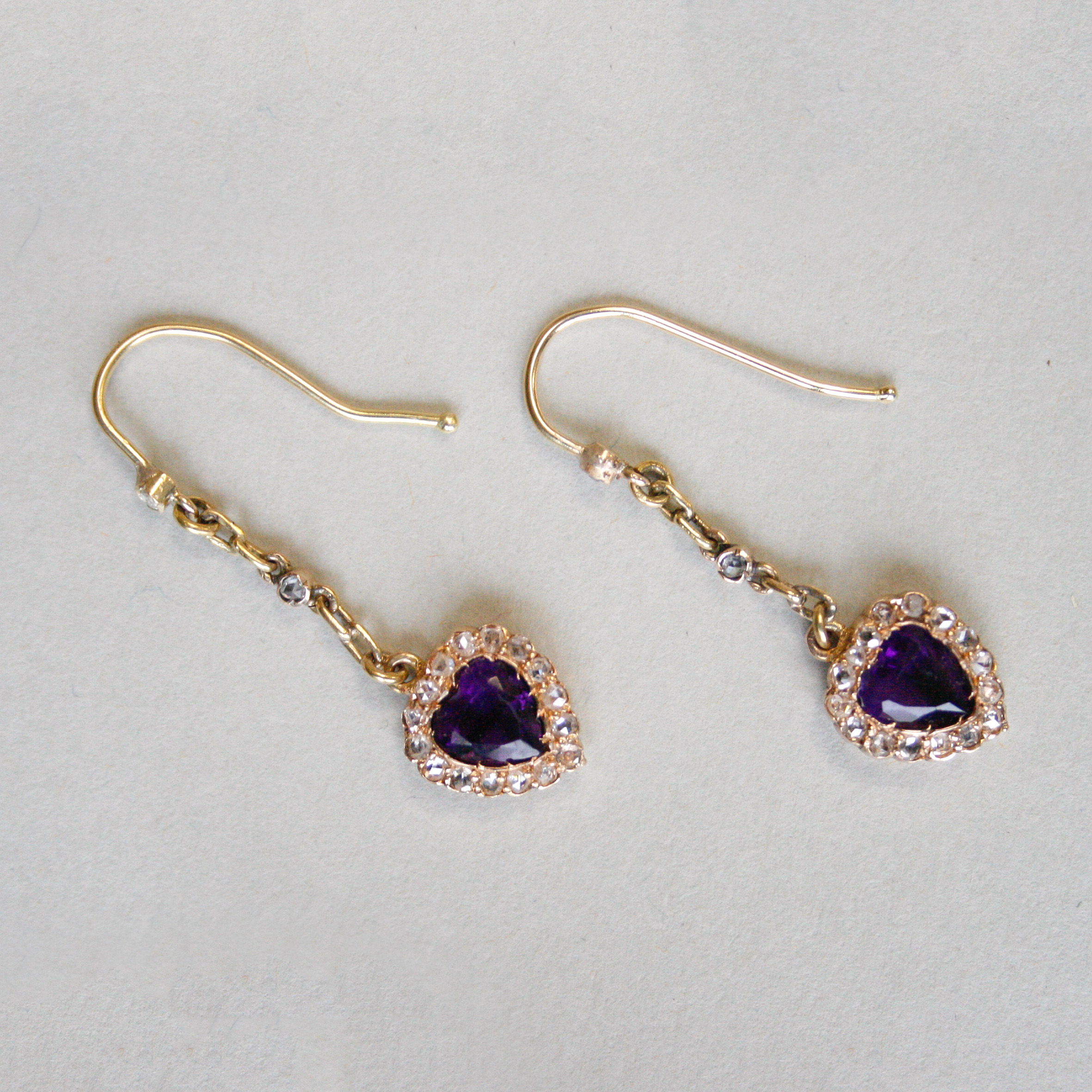 RESERVED *Aesthetic pair of Victorian 18ct gold amethyst and diamond heart drop earrings c.1890*