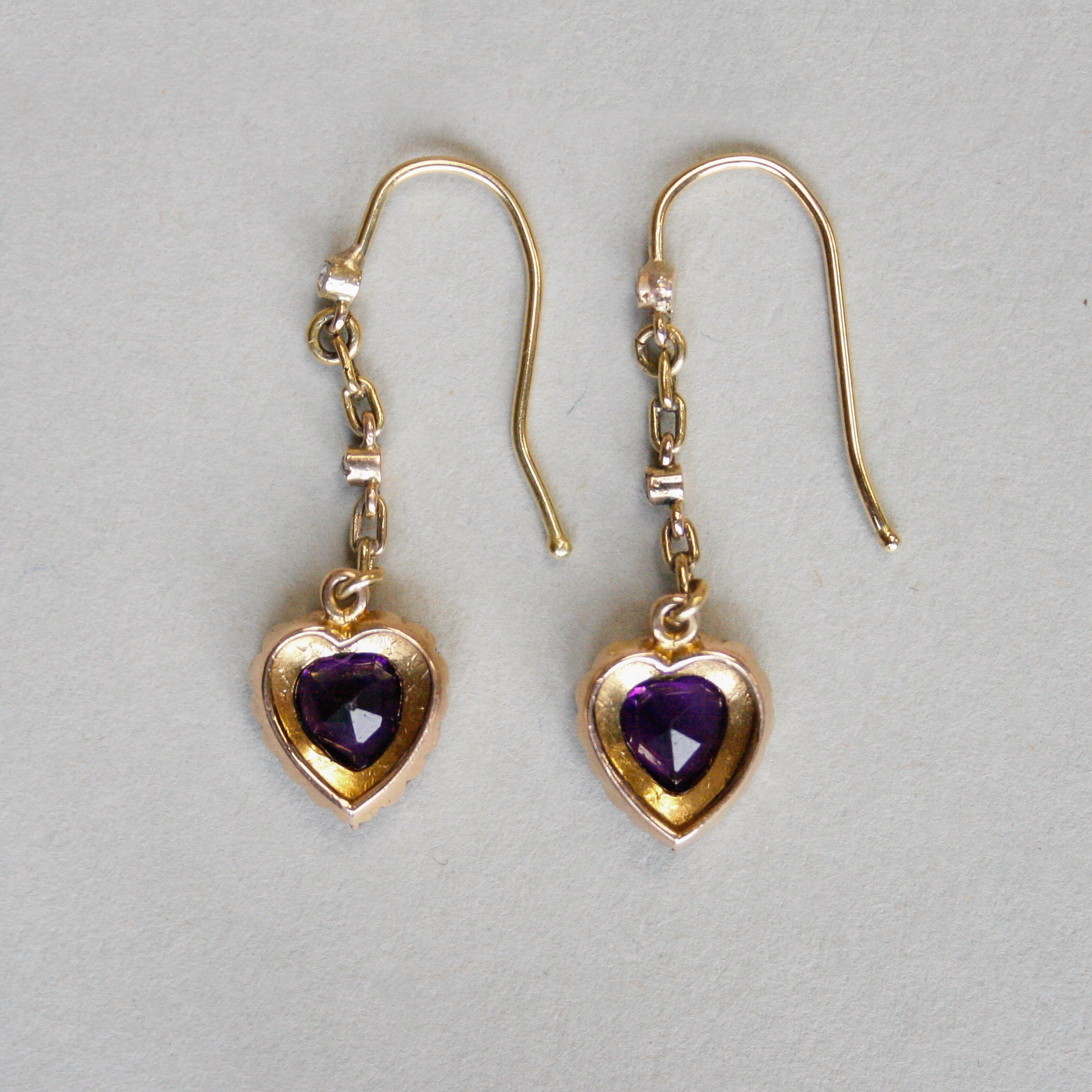 RESERVED *Aesthetic pair of Victorian 18ct gold amethyst and diamond heart drop earrings c.1890* - Image 4