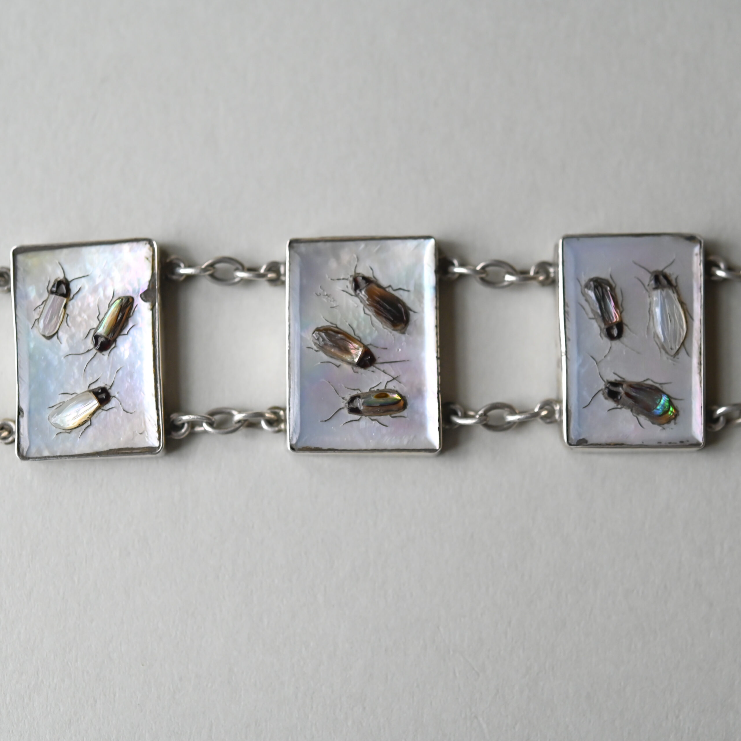 Mid Century Shibayama sterling silver bug panel bracelet