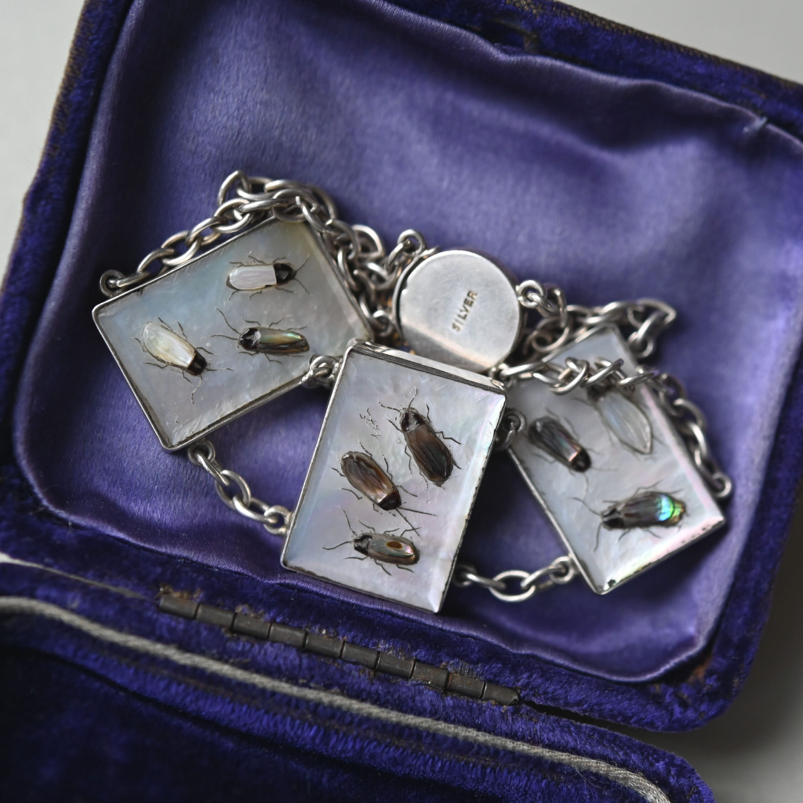 Mid Century Shibayama sterling silver bug panel bracelet - Image 2