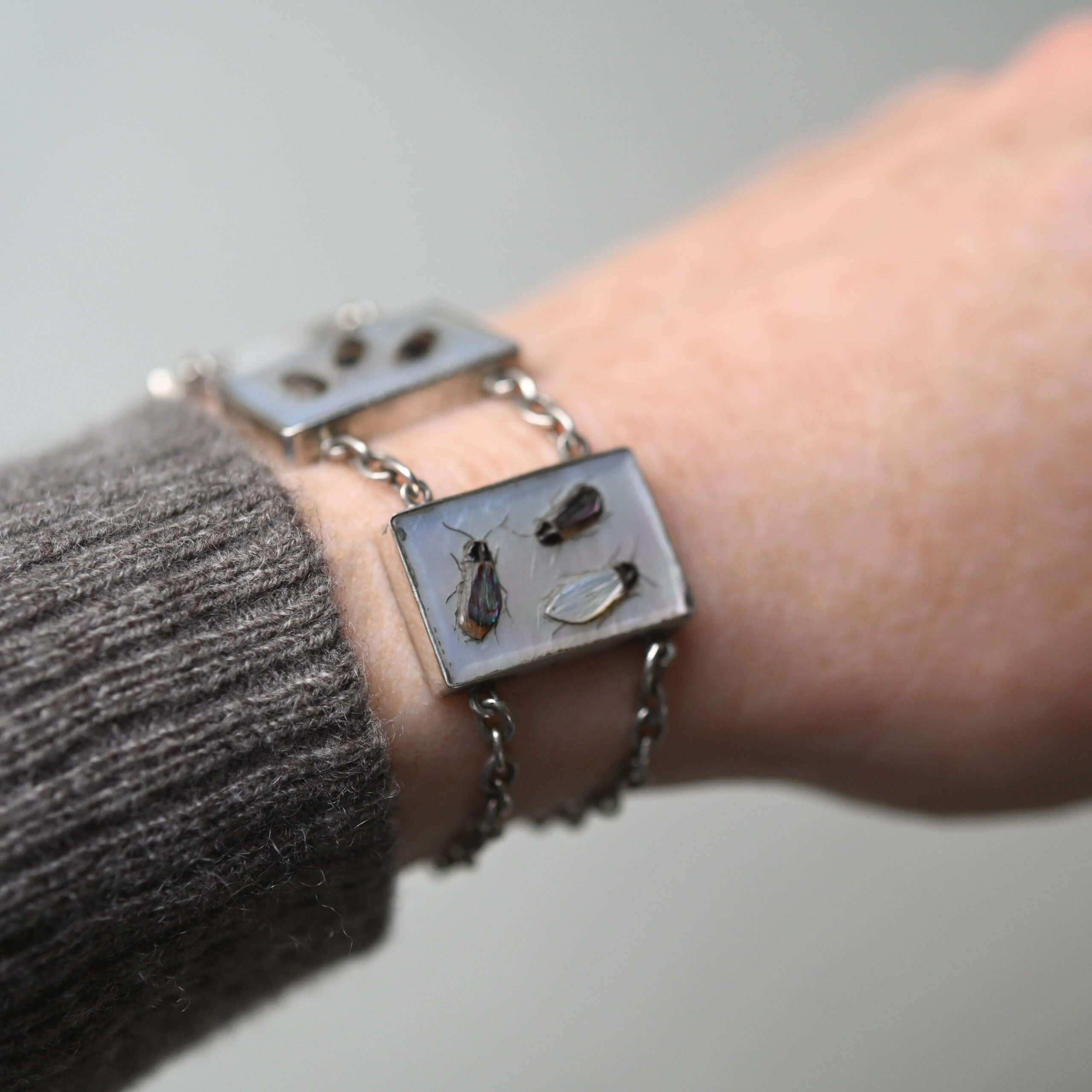 Mid Century Shibayama sterling silver bug panel bracelet - Image 3