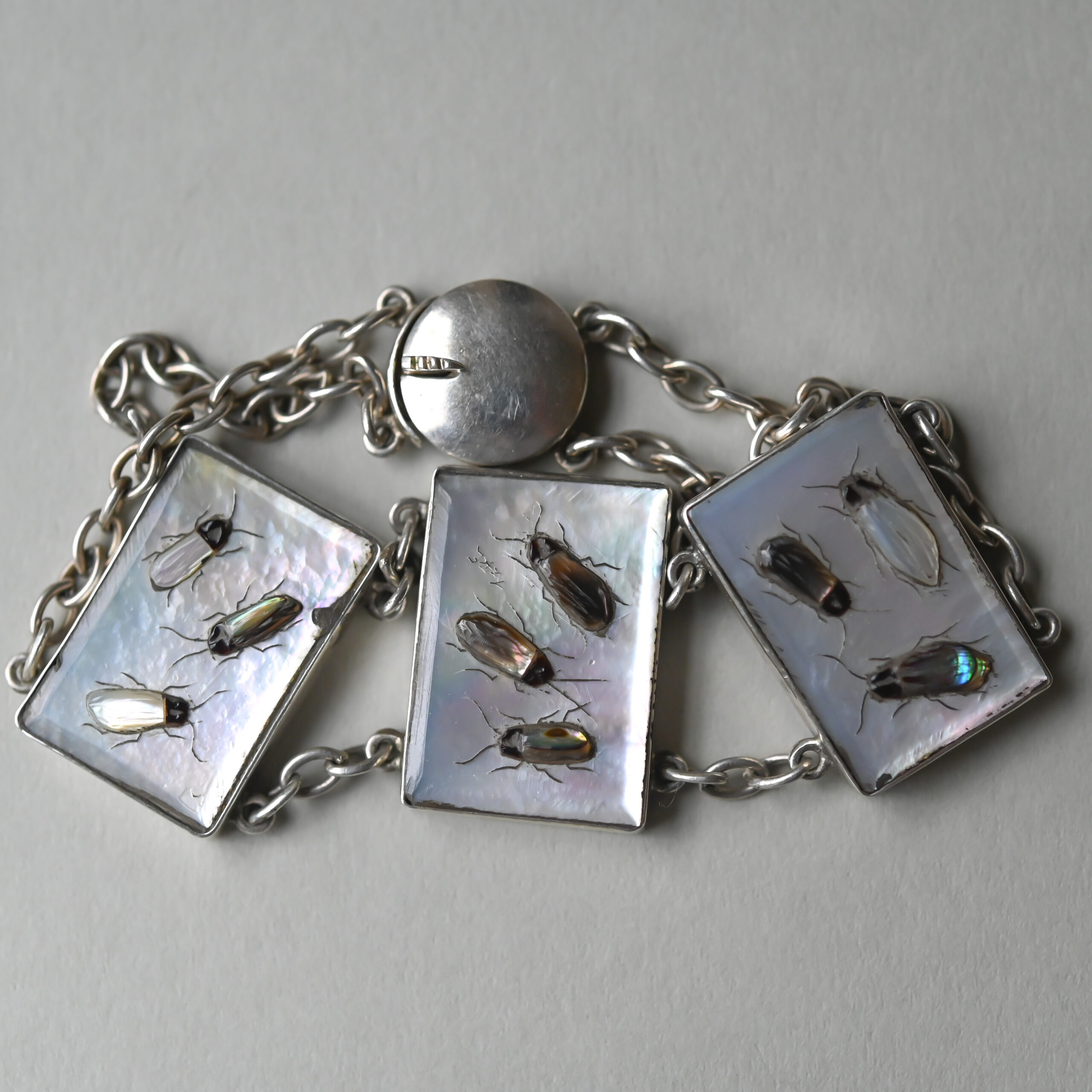 Mid Century Shibayama sterling silver bug panel bracelet - Image 4